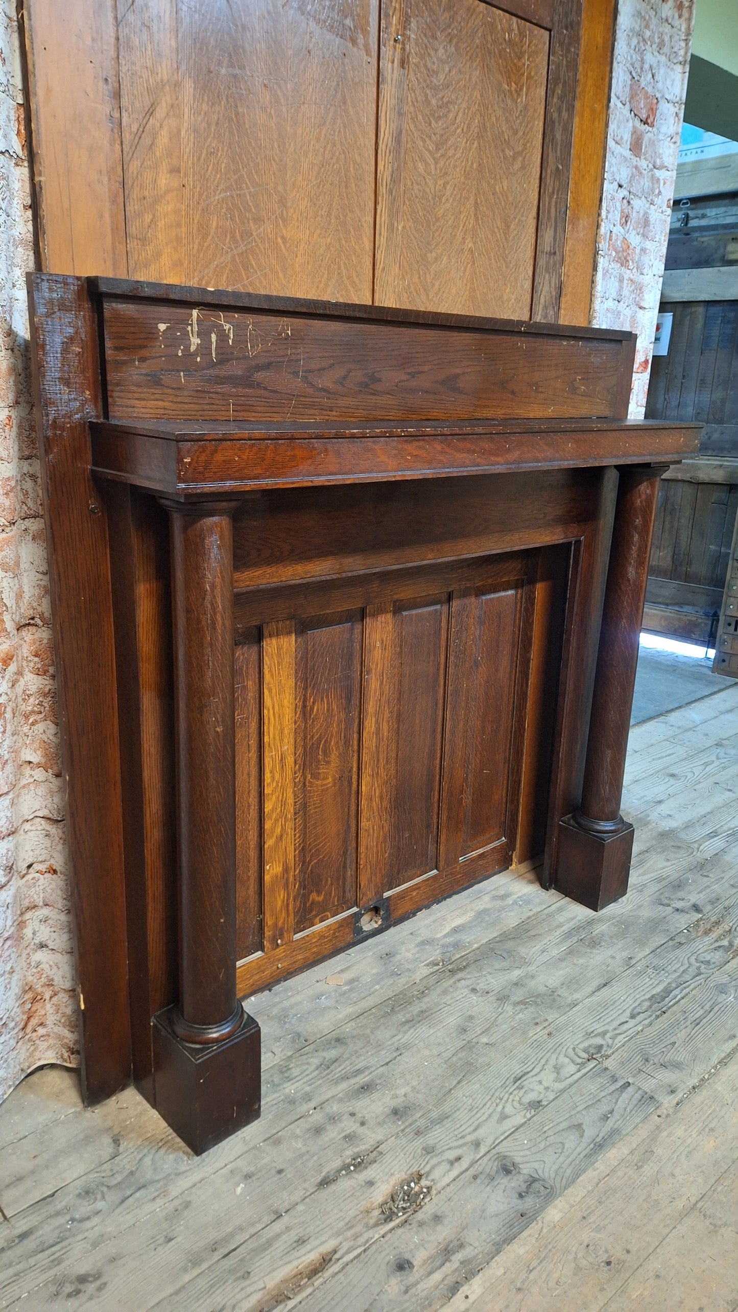Antique Quarter Sawn Oak Fireplace Mantle, Fireplace Surround with Columns