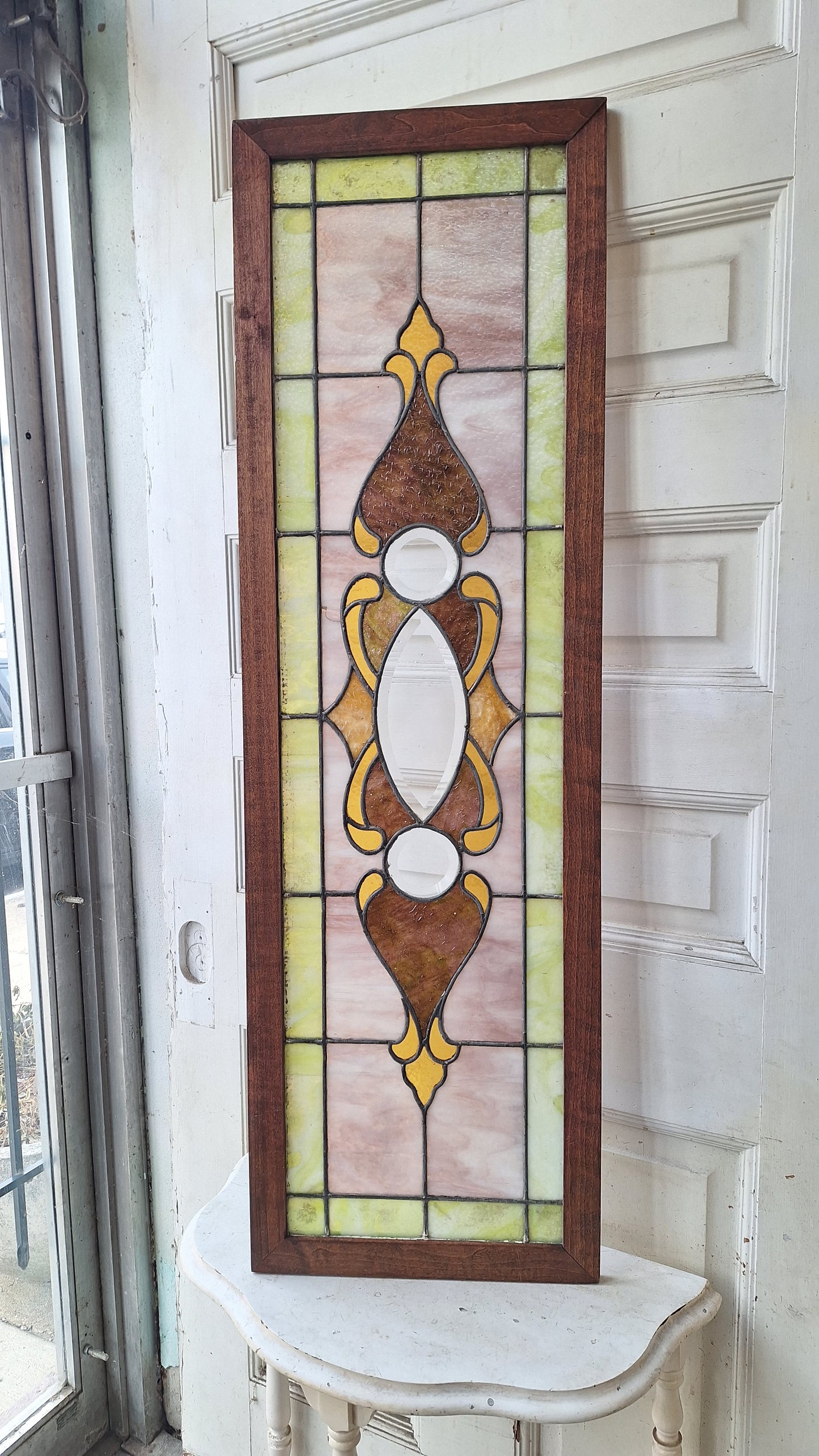 Beveled Leaded Glass Transom Window, Antique Purple and Green Stained Glass