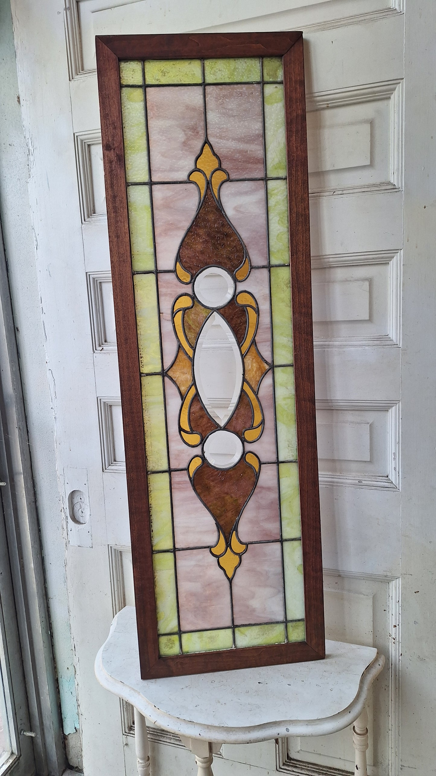 Beveled Leaded Glass Transom Window, Antique Purple and Green Stained Glass