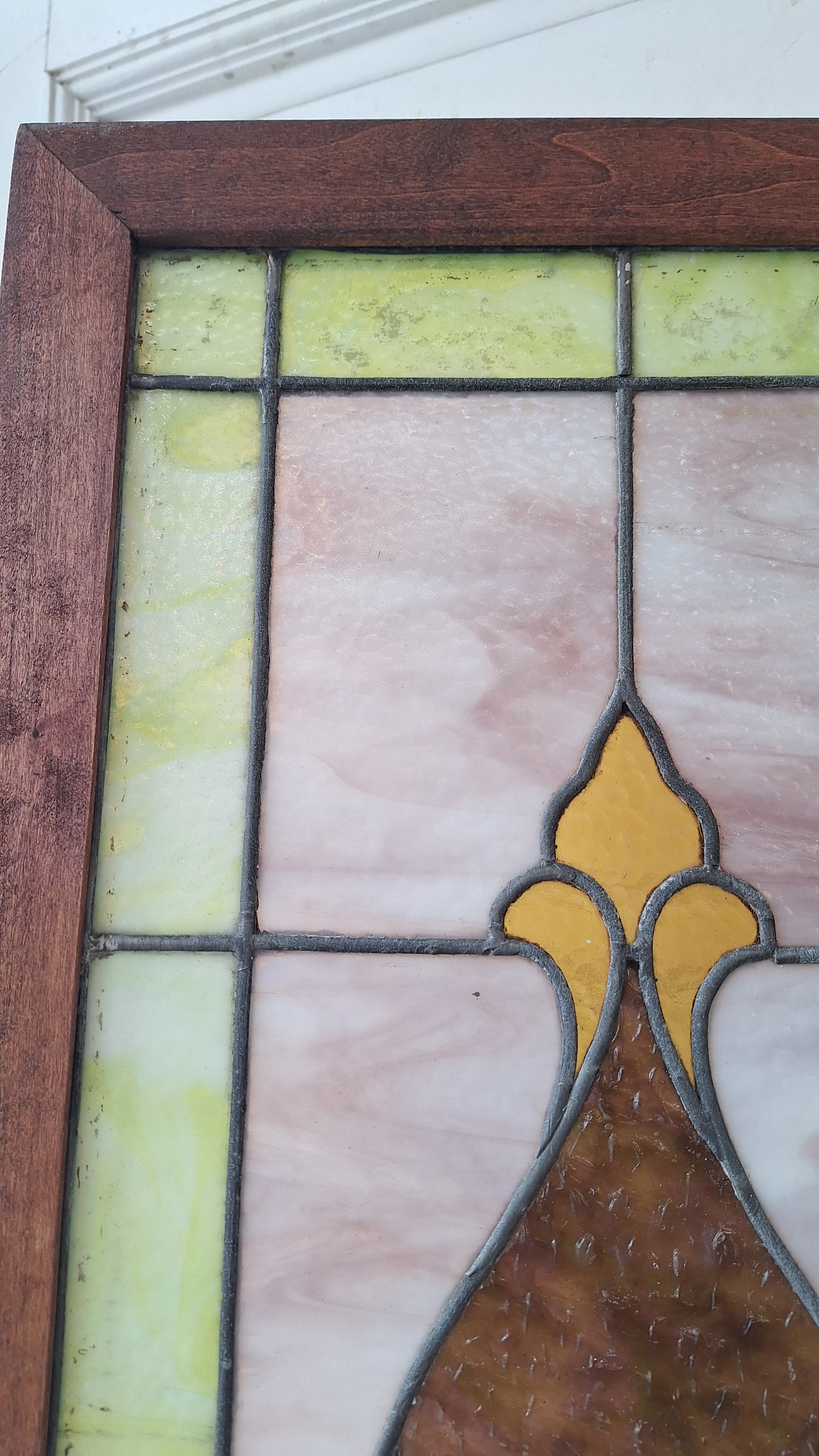 Beveled Leaded Glass Transom Window, Antique Purple and Green Stained Glass