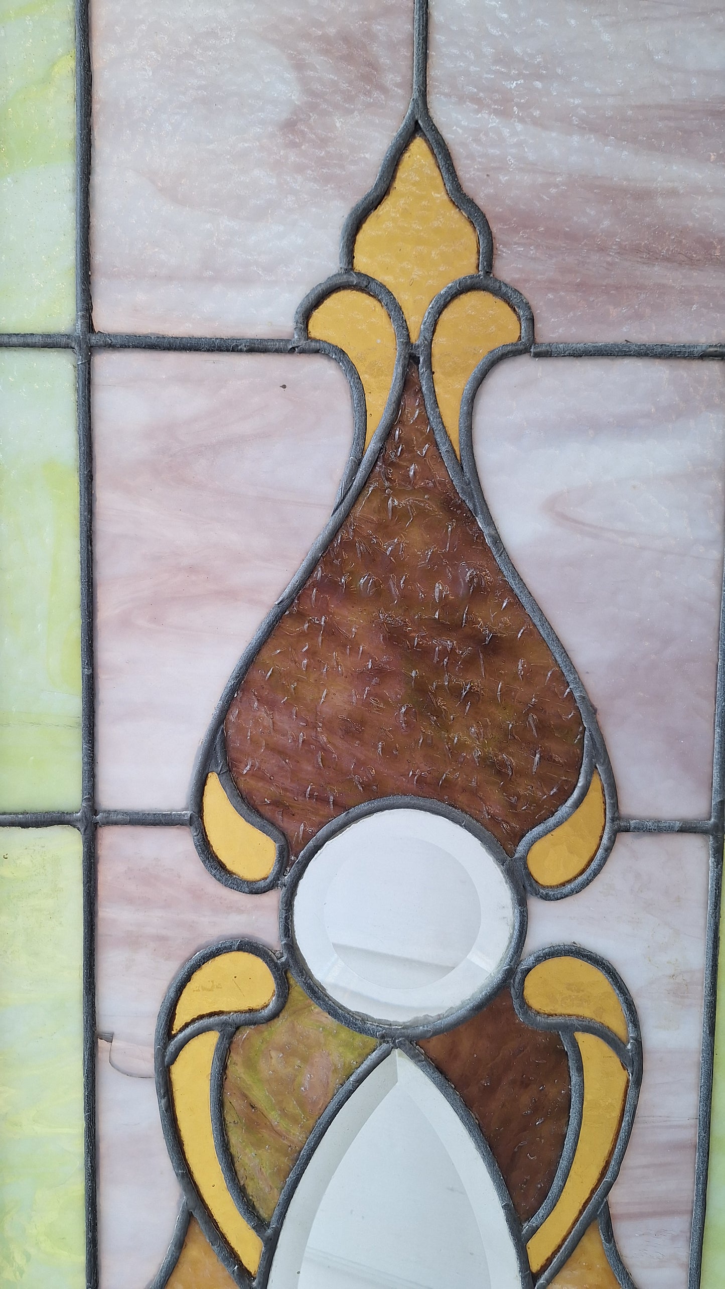 Beveled Leaded Glass Transom Window, Antique Purple and Green Stained Glass