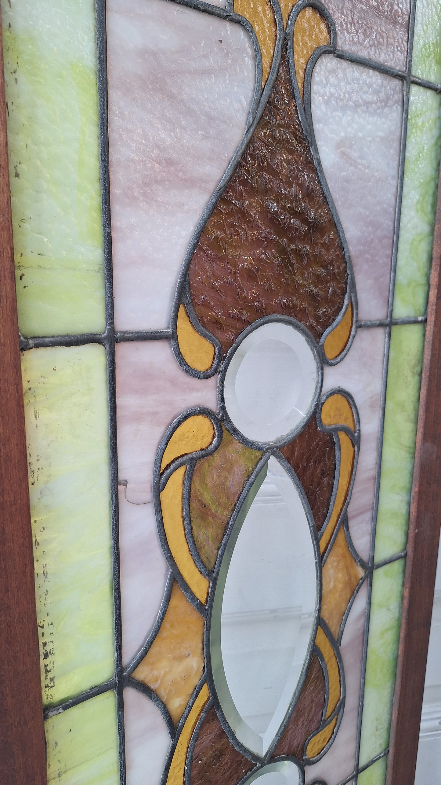 Beveled Leaded Glass Transom Window, Antique Purple and Green Stained Glass