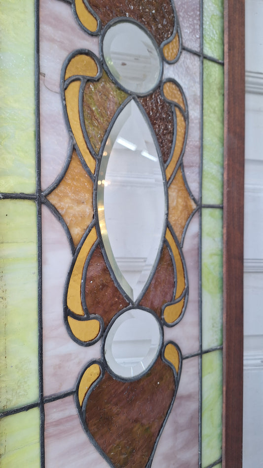 Beveled Leaded Glass Transom Window, Antique Purple and Green Stained Glass