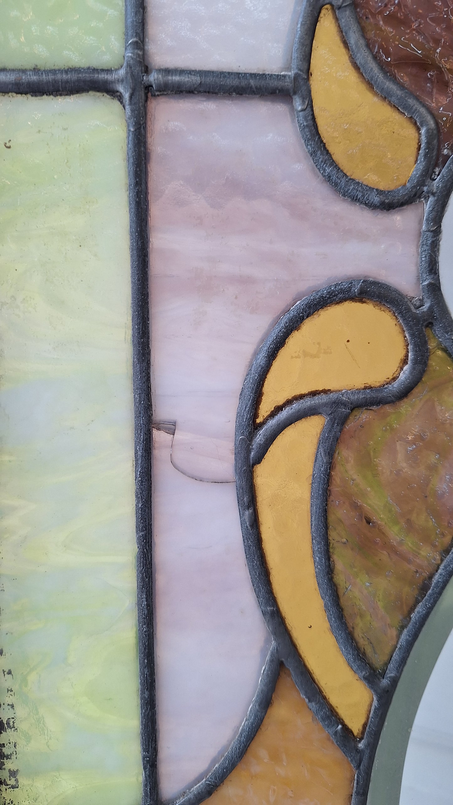 Beveled Leaded Glass Transom Window, Antique Purple and Green Stained Glass