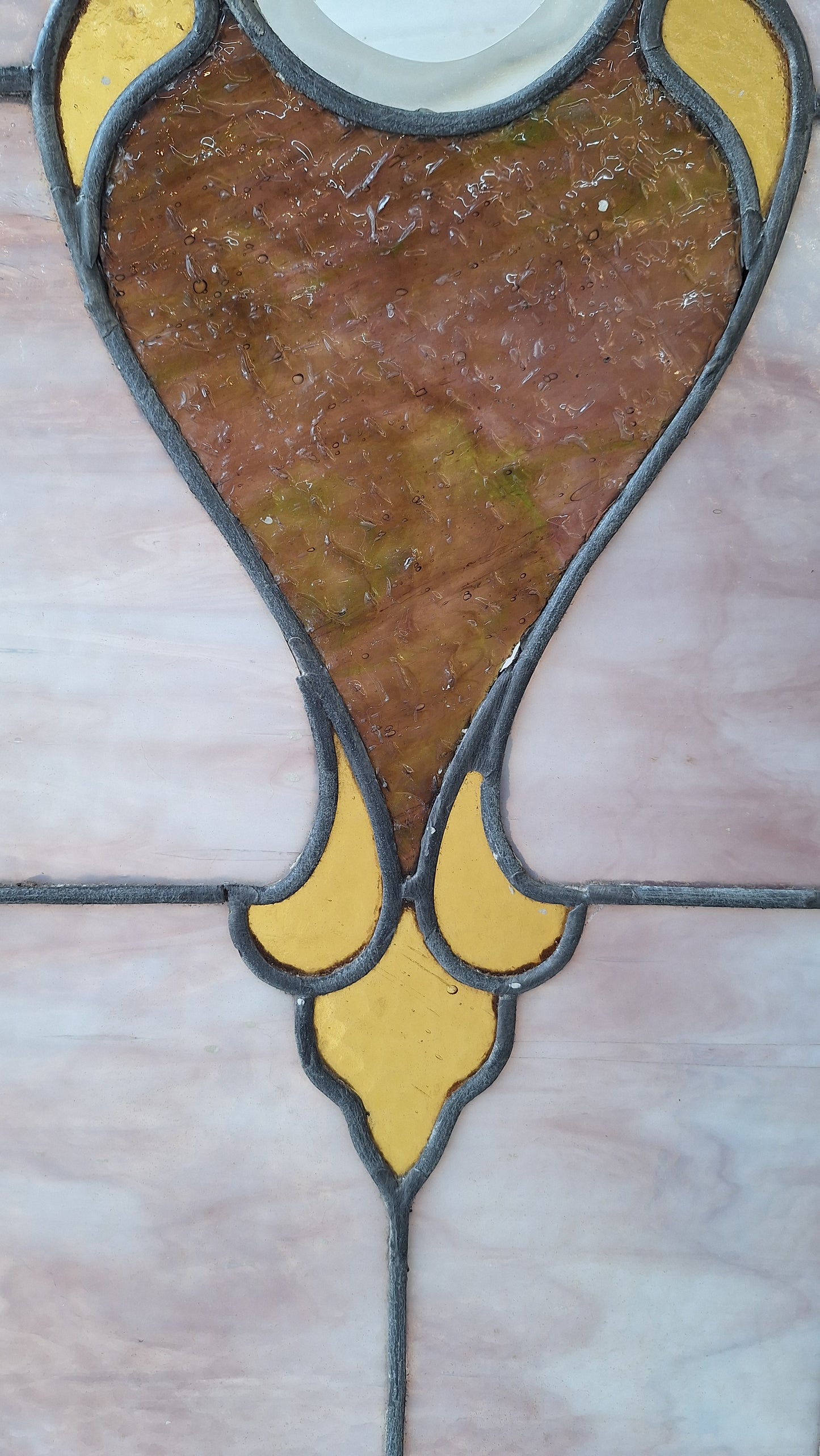 Beveled Leaded Glass Transom Window, Antique Purple and Green Stained Glass