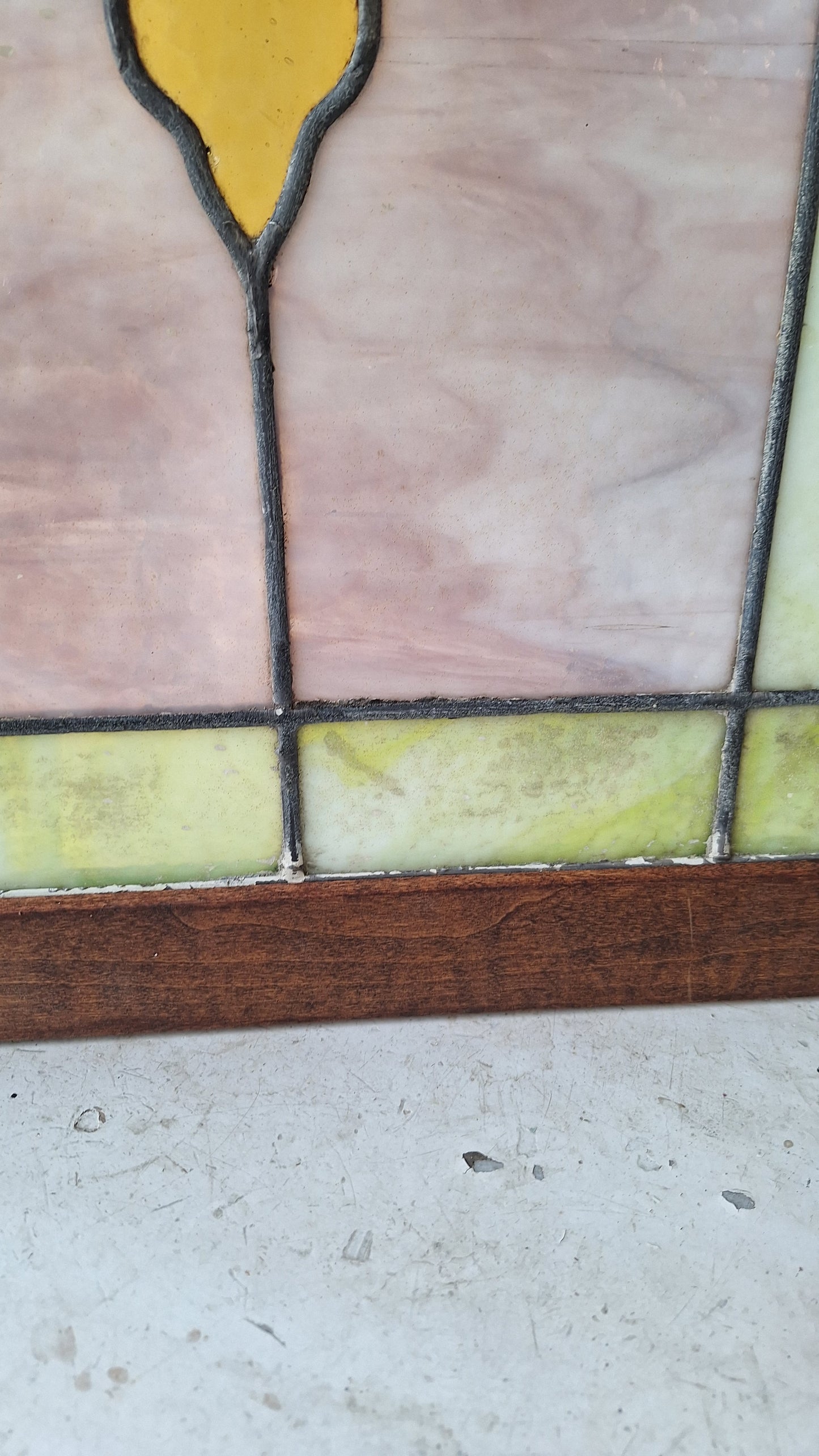 Beveled Leaded Glass Transom Window, Antique Purple and Green Stained Glass