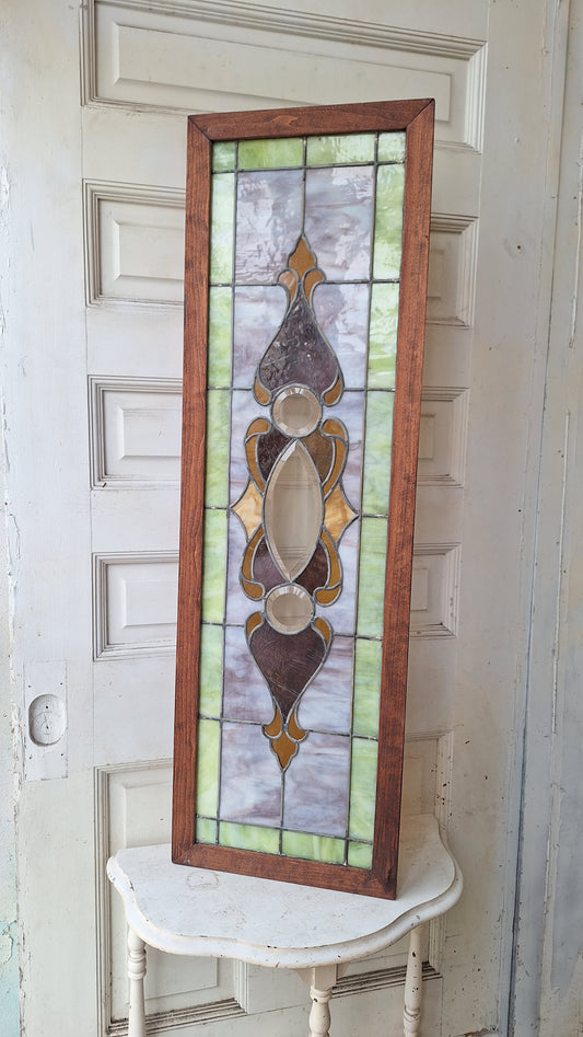 Beveled Leaded Glass Transom Window, Antique Purple and Green Stained Glass