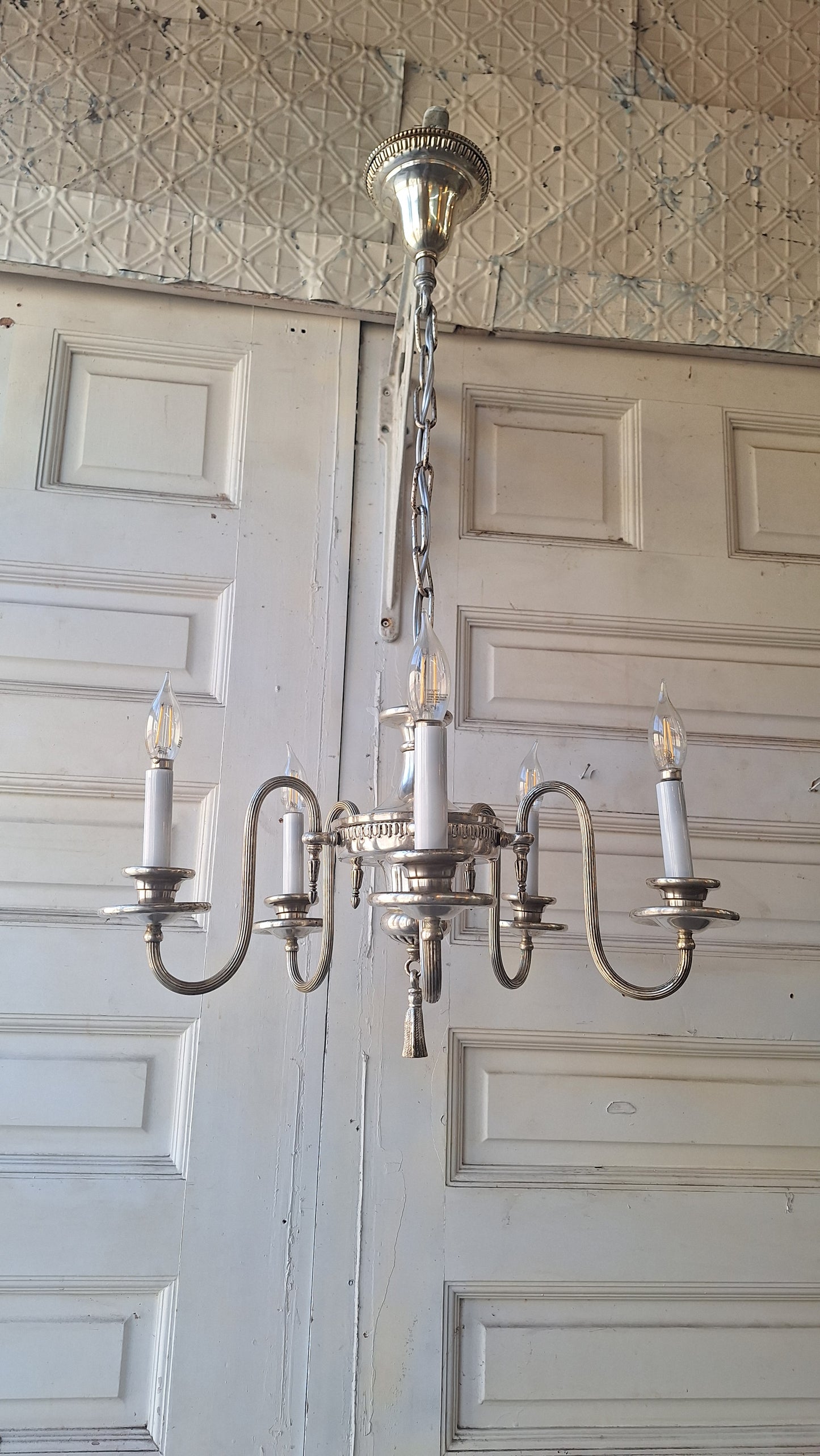 Silver Plated Chandelier: Vintage Five Arm Candelabra Style Ceiling Light