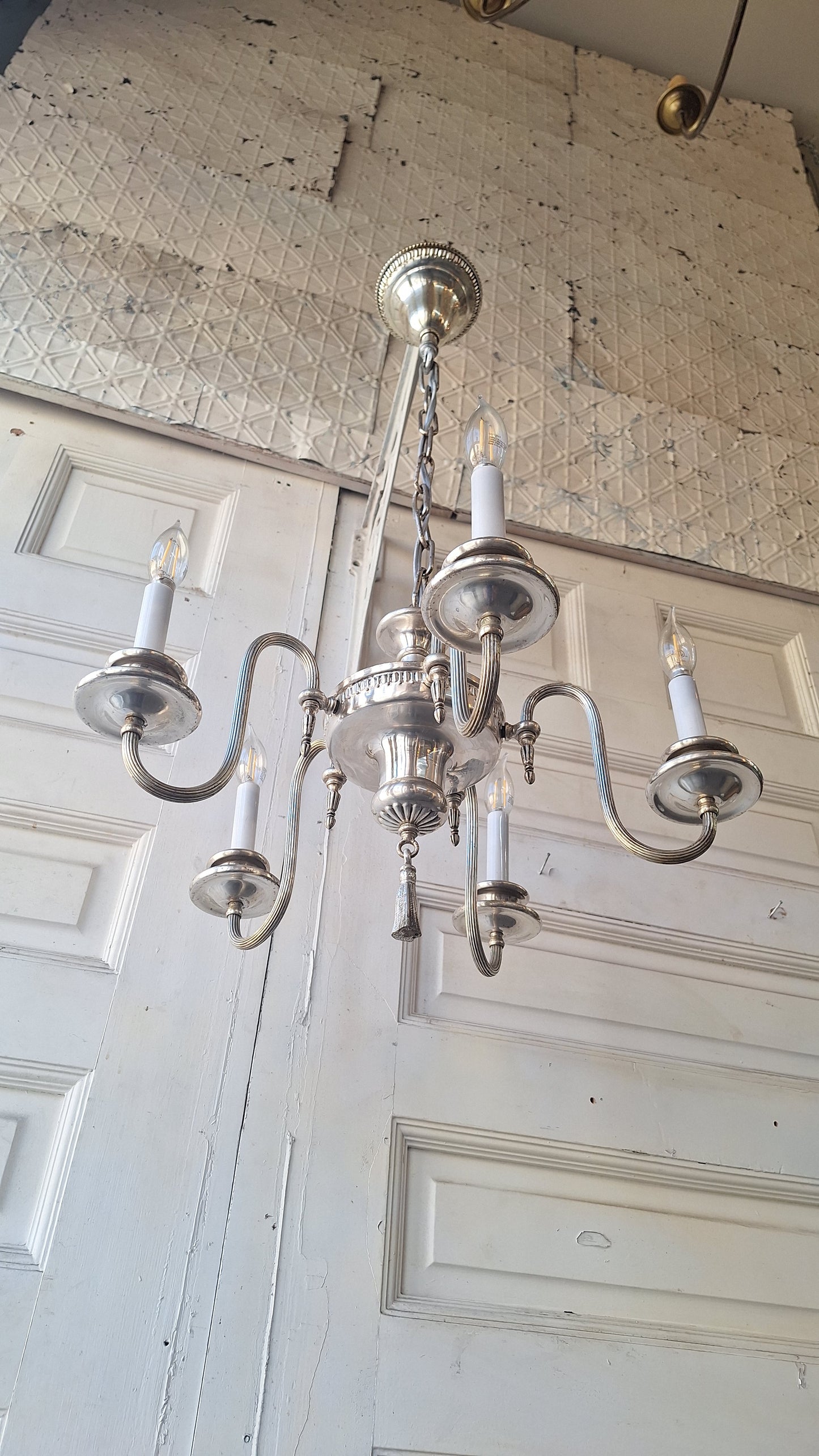 Silver Plated Chandelier: Vintage Five Arm Candelabra Style Ceiling Light