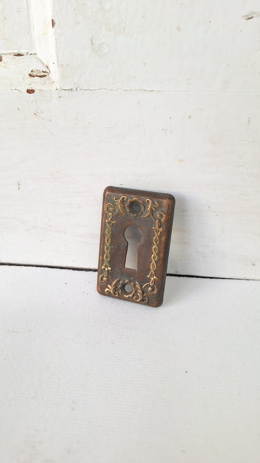 Fancy Stamped Bronze Antique Keyhole Cover, Small Key Hole Escutcheon Plate