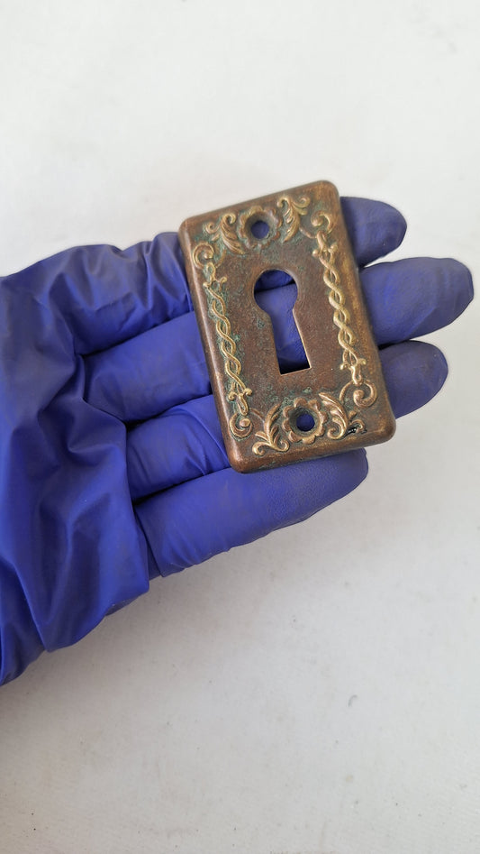 Fancy Stamped Bronze Antique Keyhole Cover, Small Key Hole Escutcheon Plate