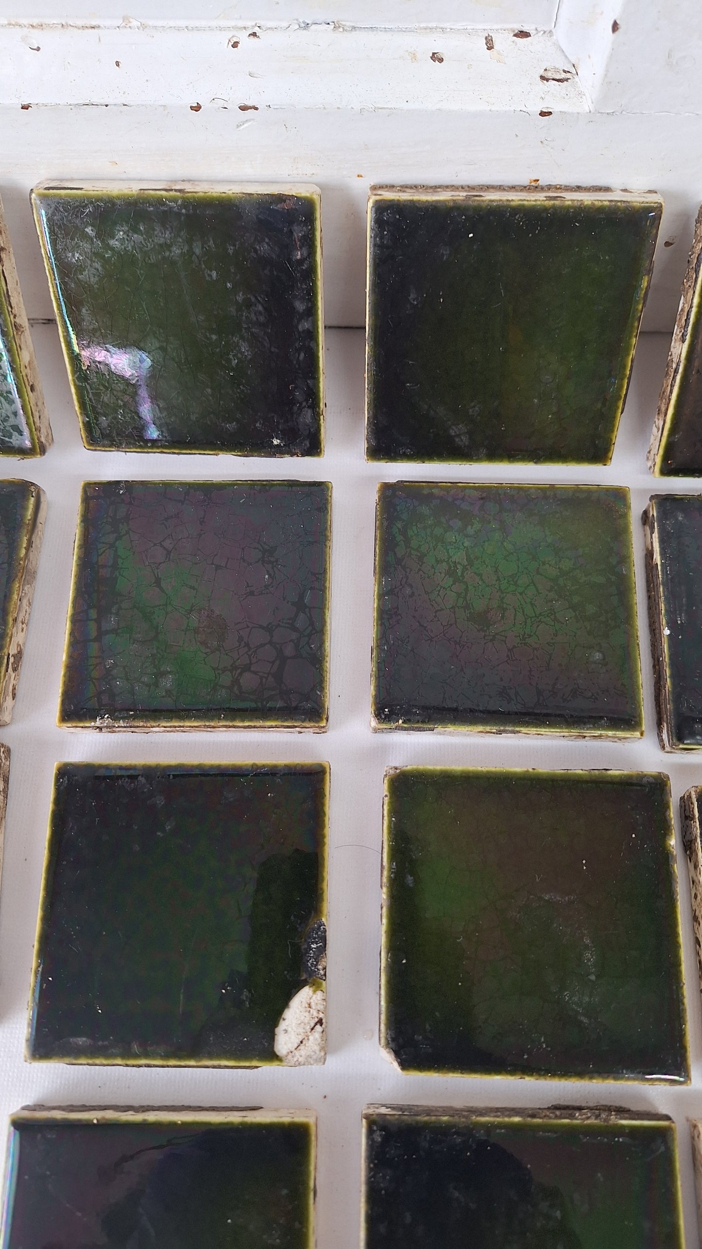 3" Dark Green Square Antique Floor Tiles, Green Fireplace Hearth Tile Set