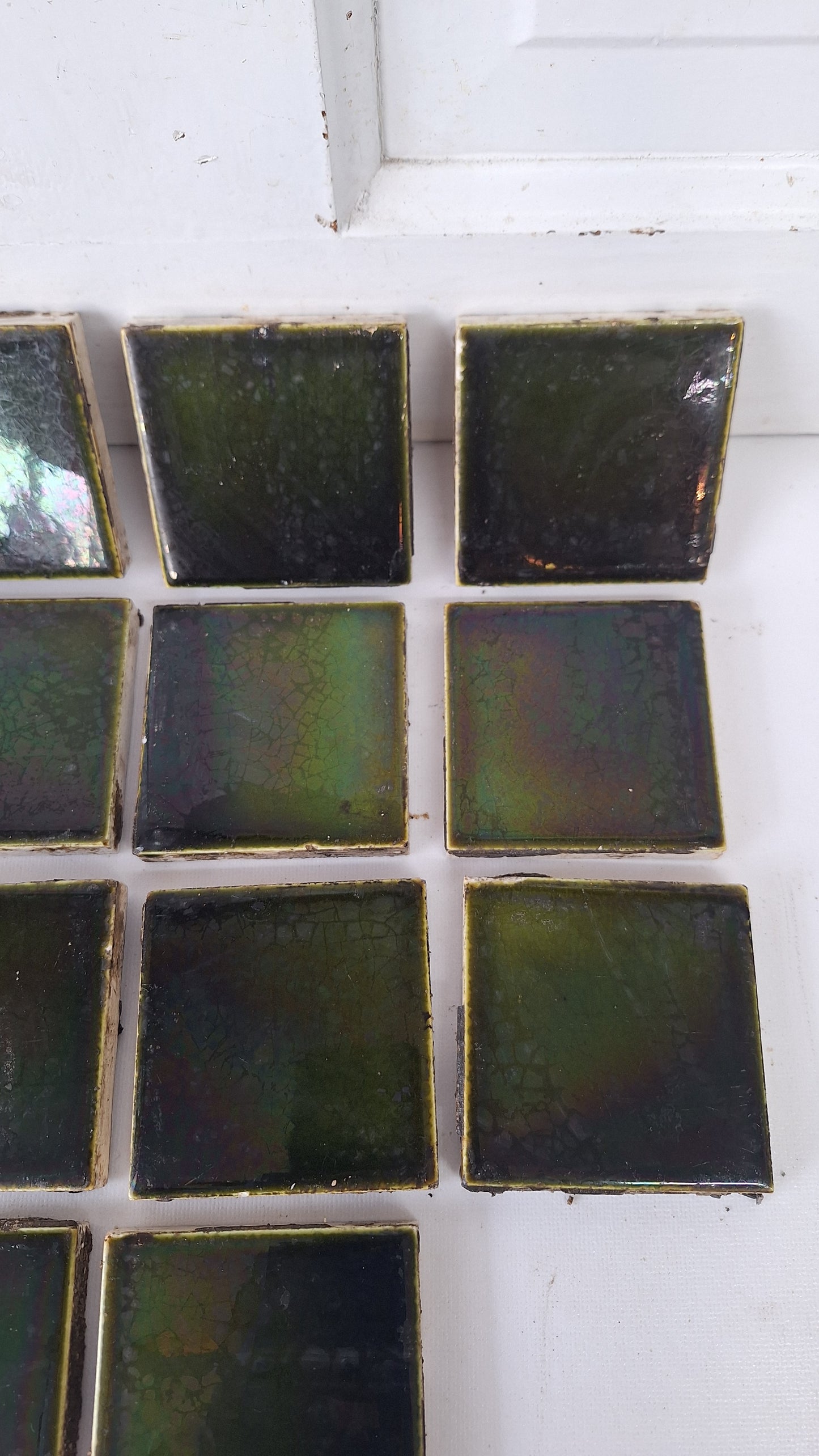 3" Dark Green Square Antique Floor Tiles, Green Fireplace Hearth Tile Set