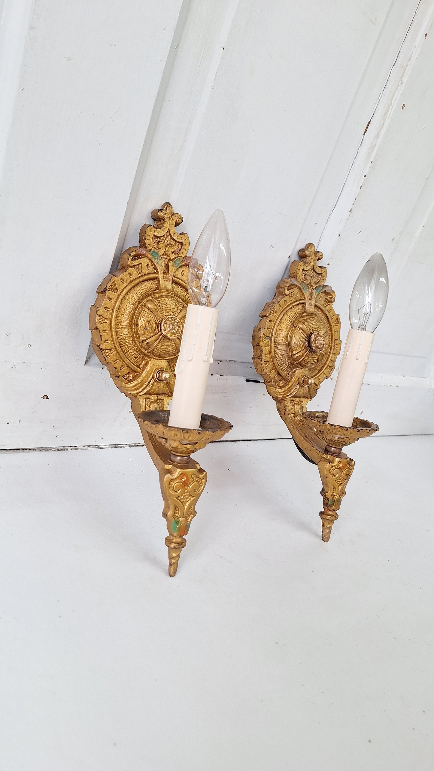 Polychrome Antique Gold Sconce Pair, Art Deco Gold Painted Wall Lights