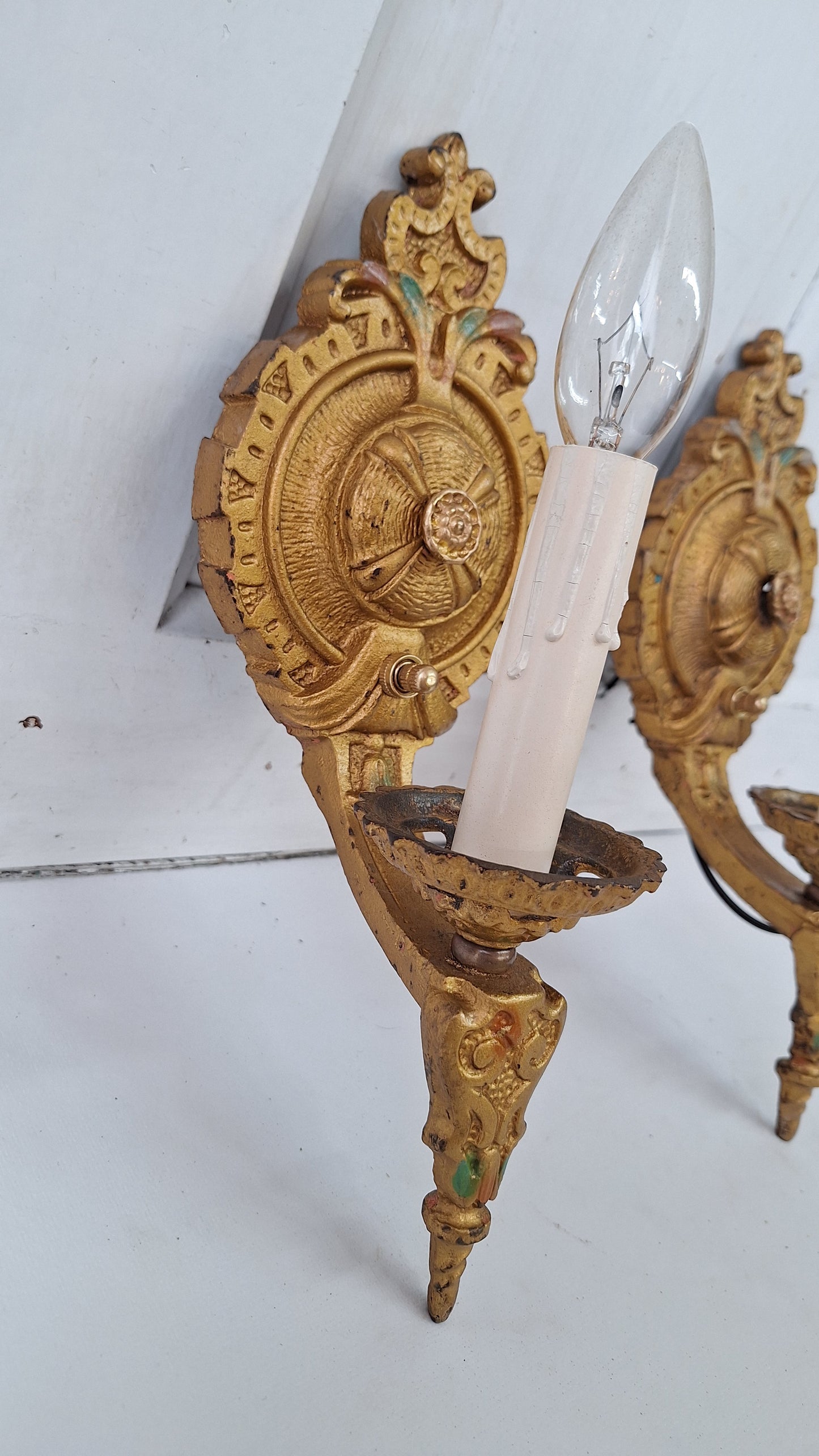 Polychrome Antique Gold Sconce Pair, Art Deco Gold Painted Wall Lights