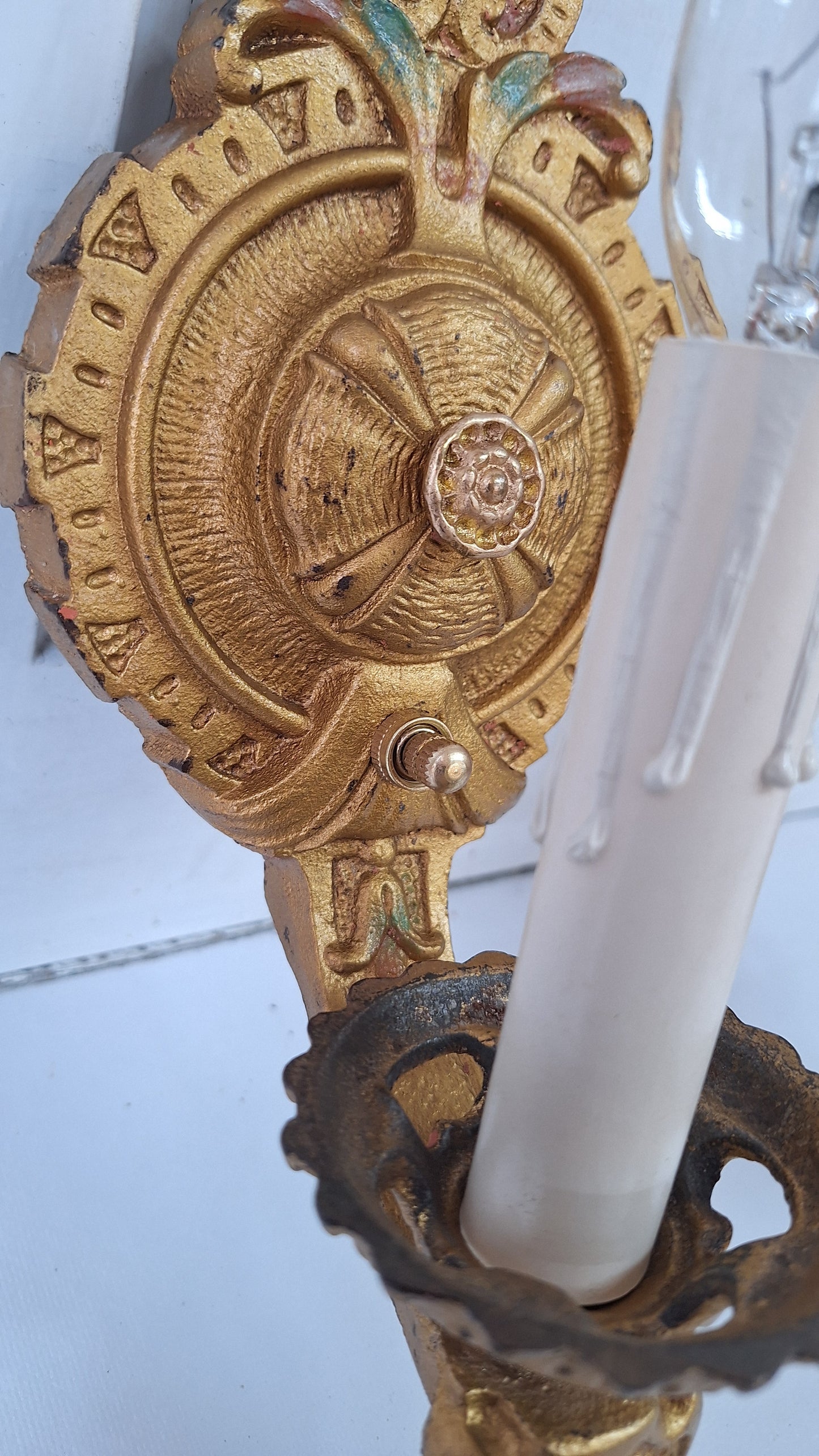 Polychrome Antique Gold Sconce Pair, Art Deco Gold Painted Wall Lights