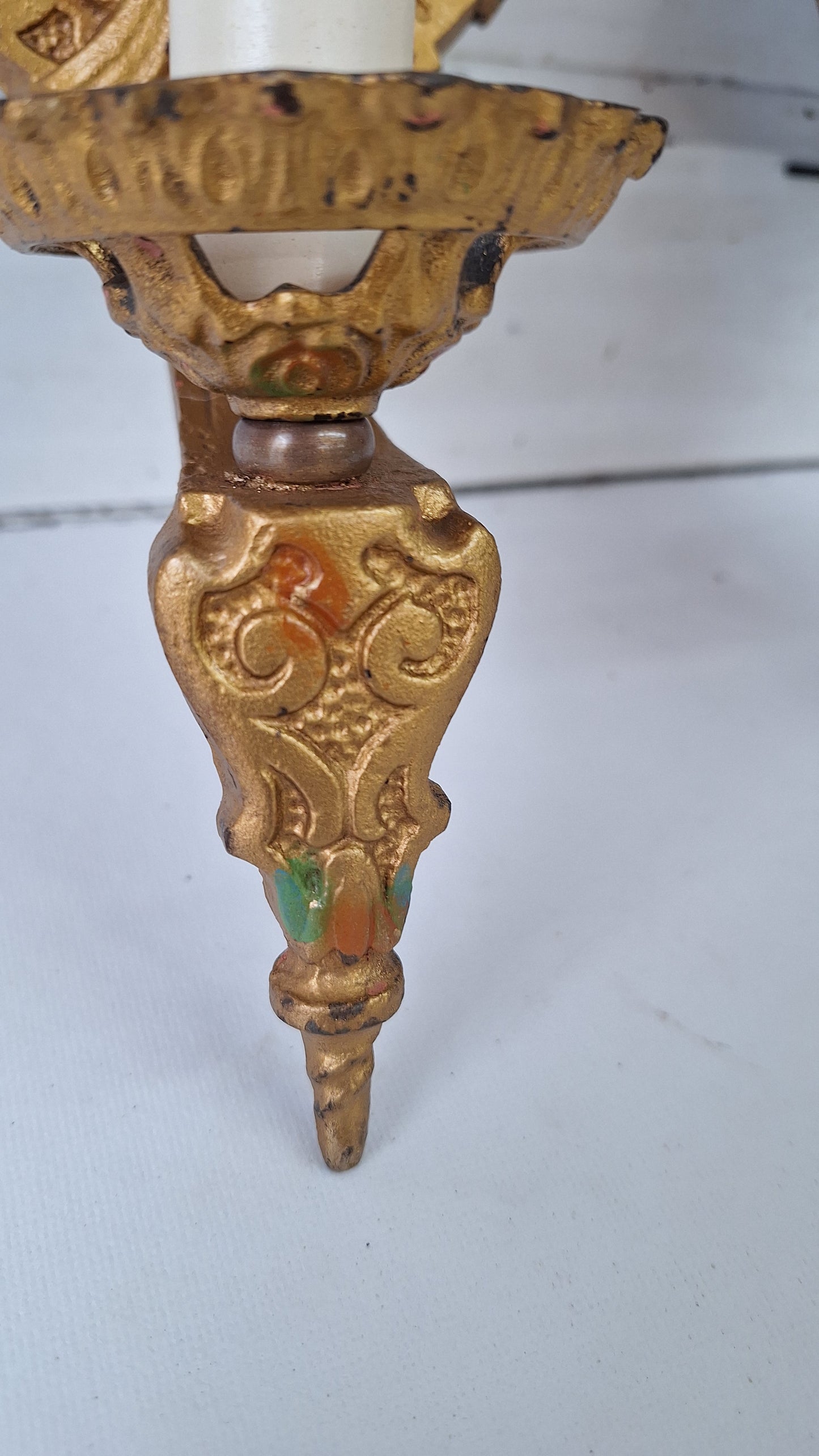 Polychrome Antique Gold Sconce Pair, Art Deco Gold Painted Wall Lights