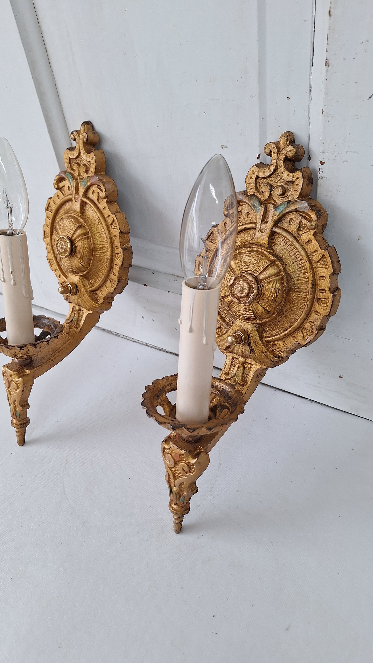 Polychrome Antique Gold Sconce Pair, Art Deco Gold Painted Wall Lights