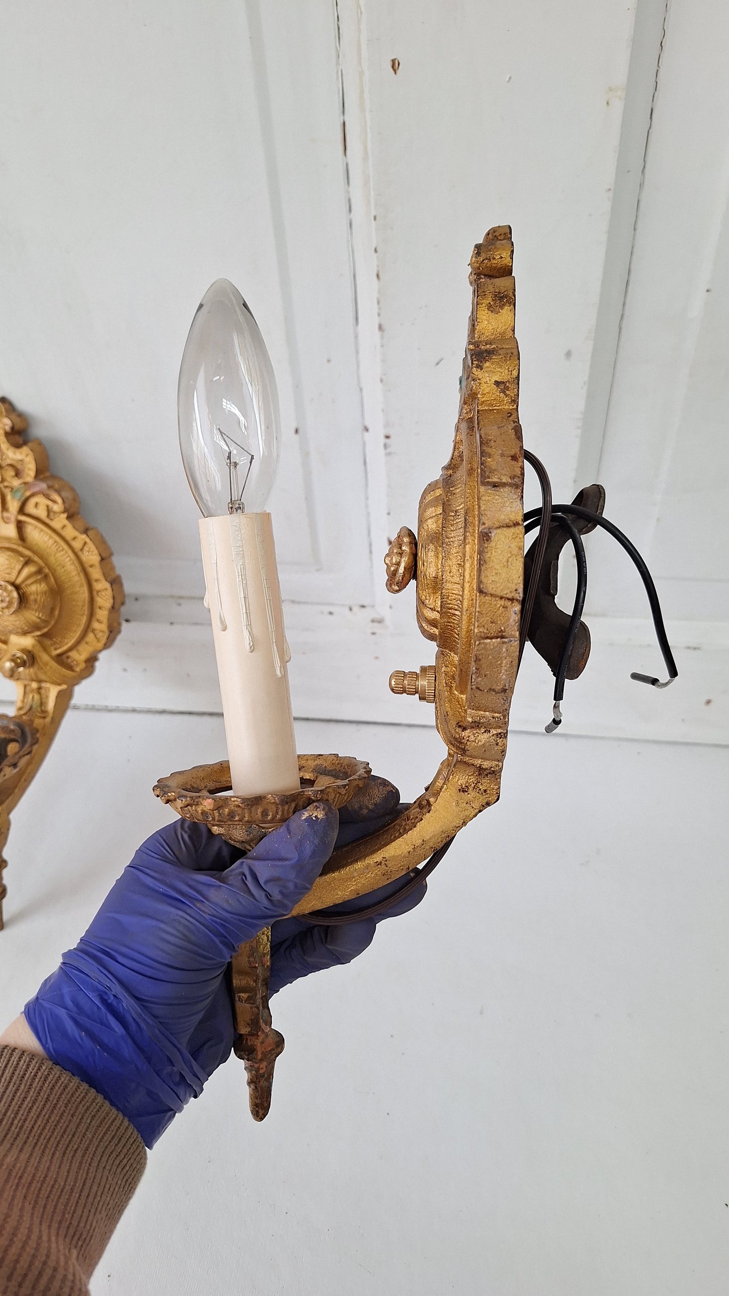 Polychrome Antique Gold Sconce Pair, Art Deco Gold Painted Wall Lights