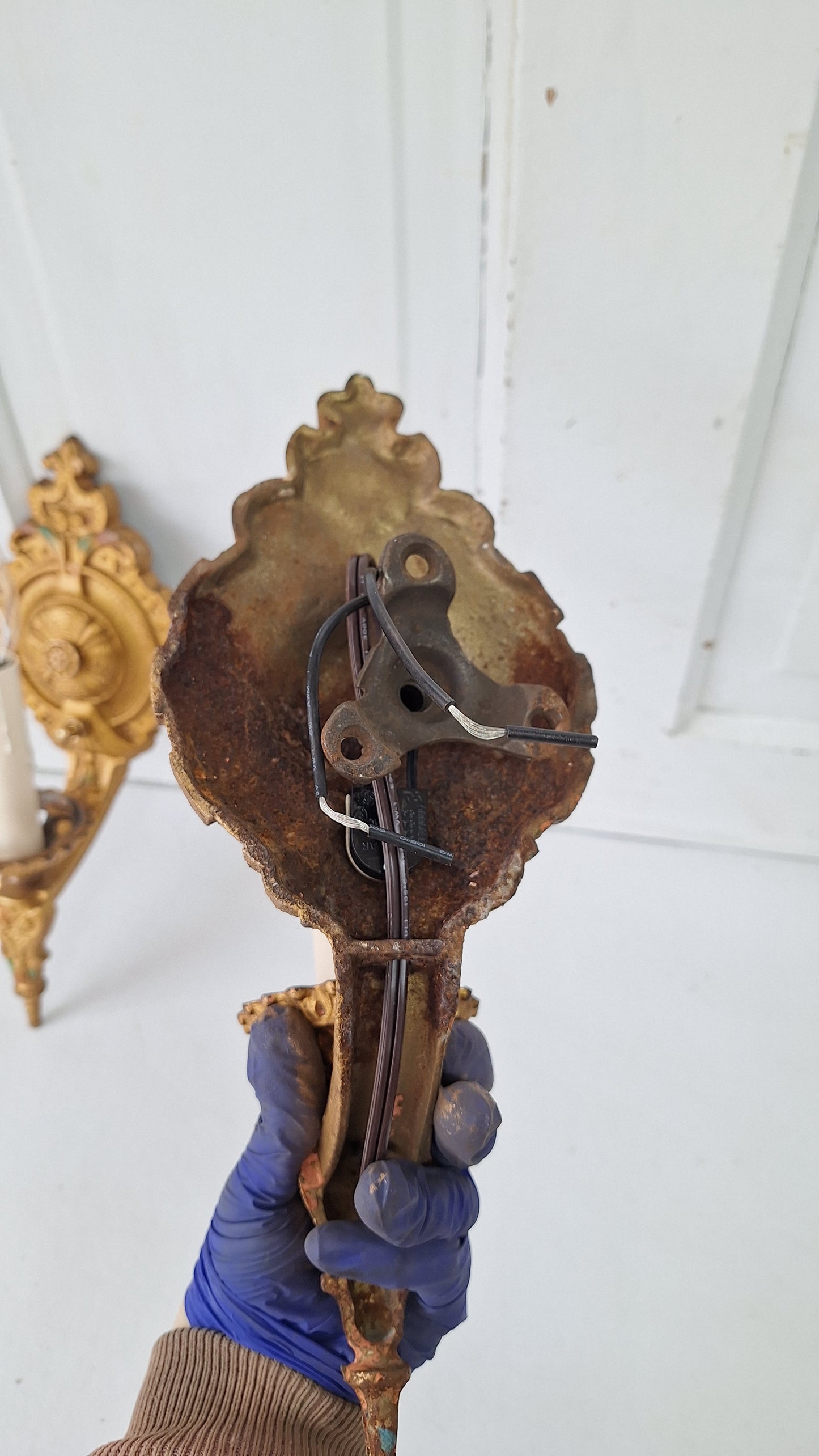 Polychrome Antique Gold Sconce Pair, Art Deco Gold Painted Wall Lights
