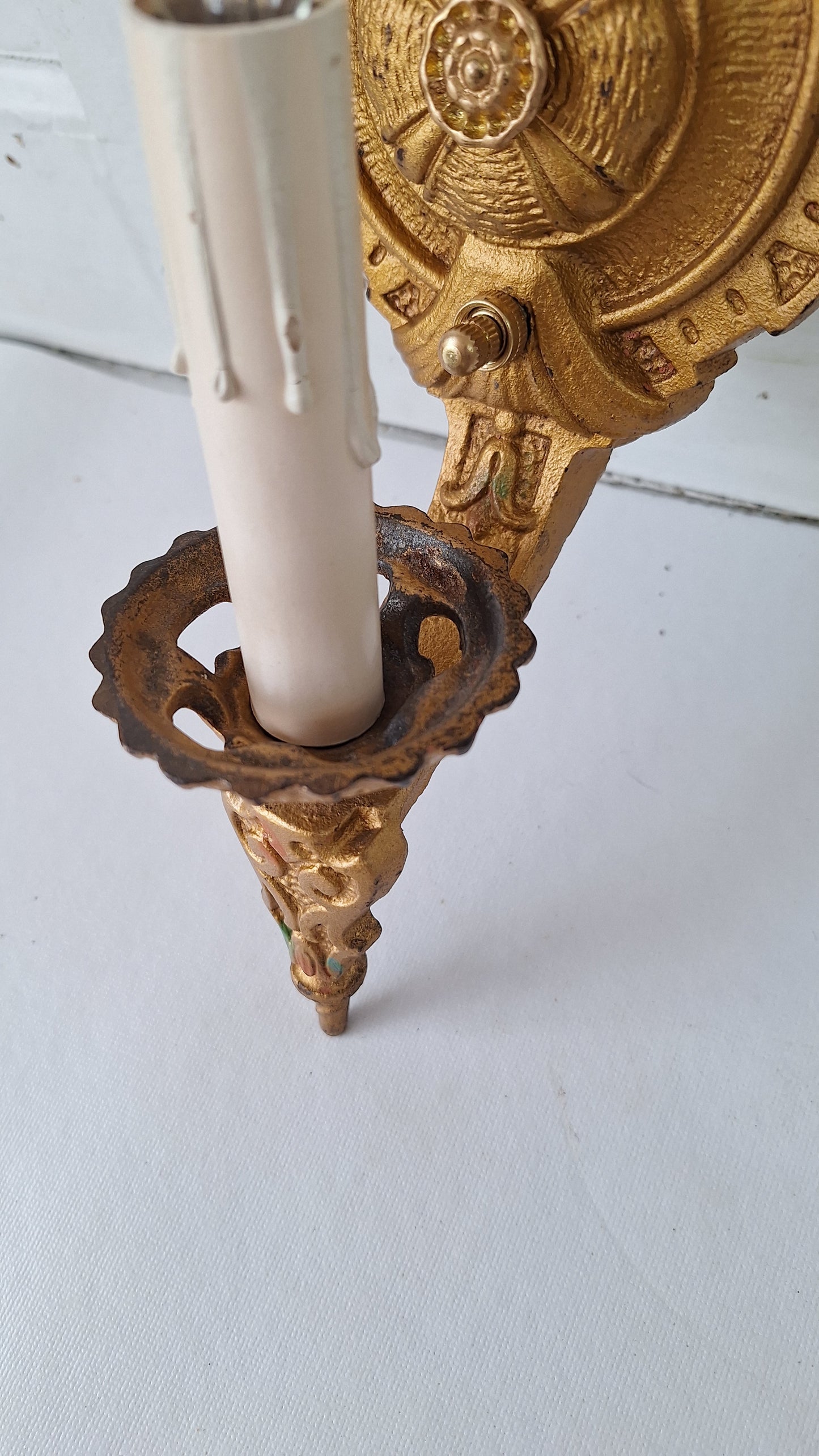 Polychrome Antique Gold Sconce Pair, Art Deco Gold Painted Wall Lights