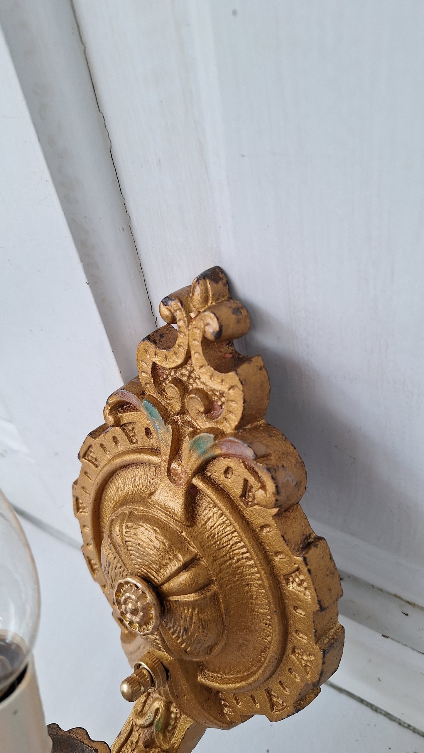 Polychrome Antique Gold Sconce Pair, Art Deco Gold Painted Wall Lights