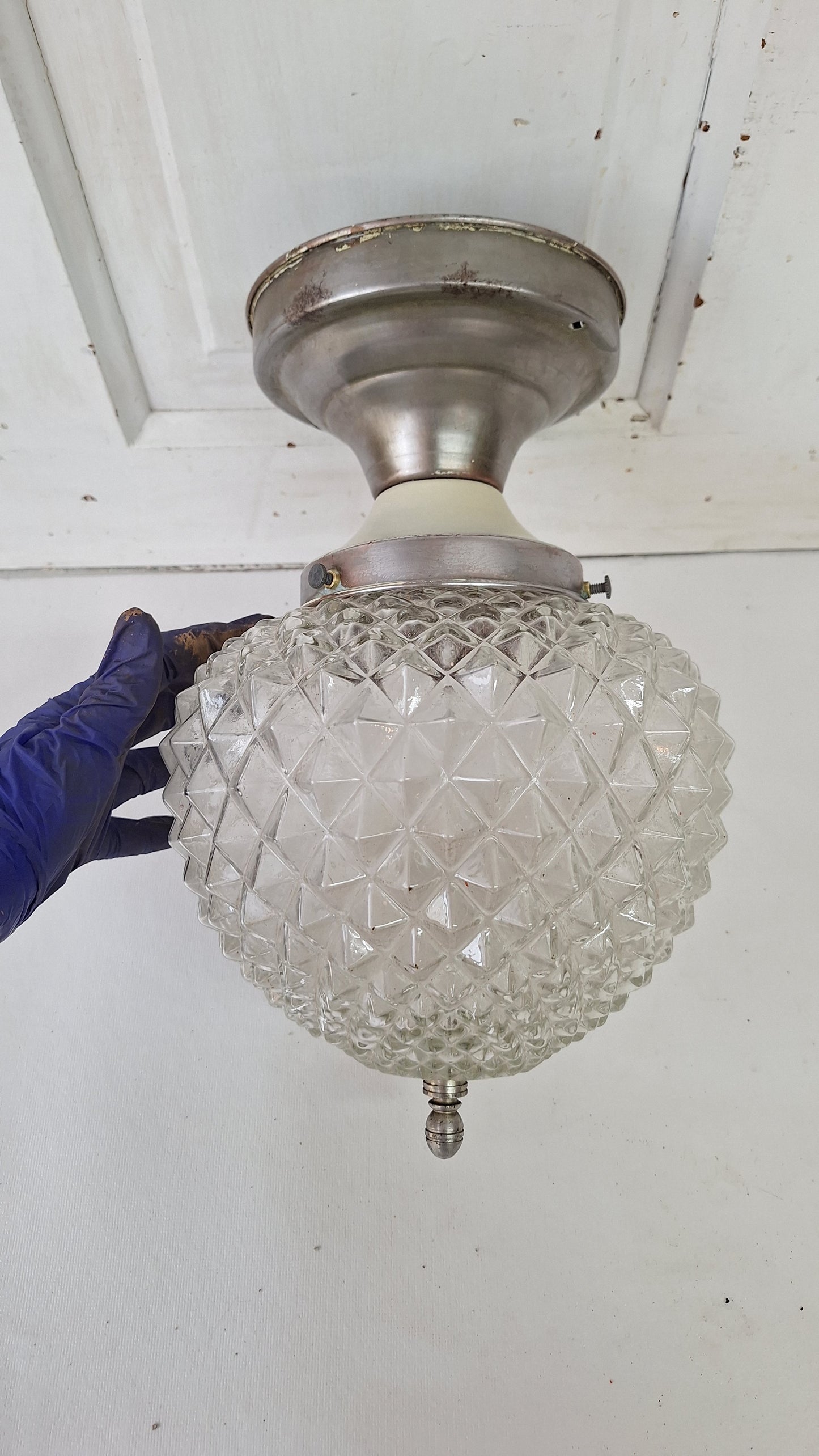 MCM Geometric Molded Glass Light, Faceted Mid Century Flush Mount