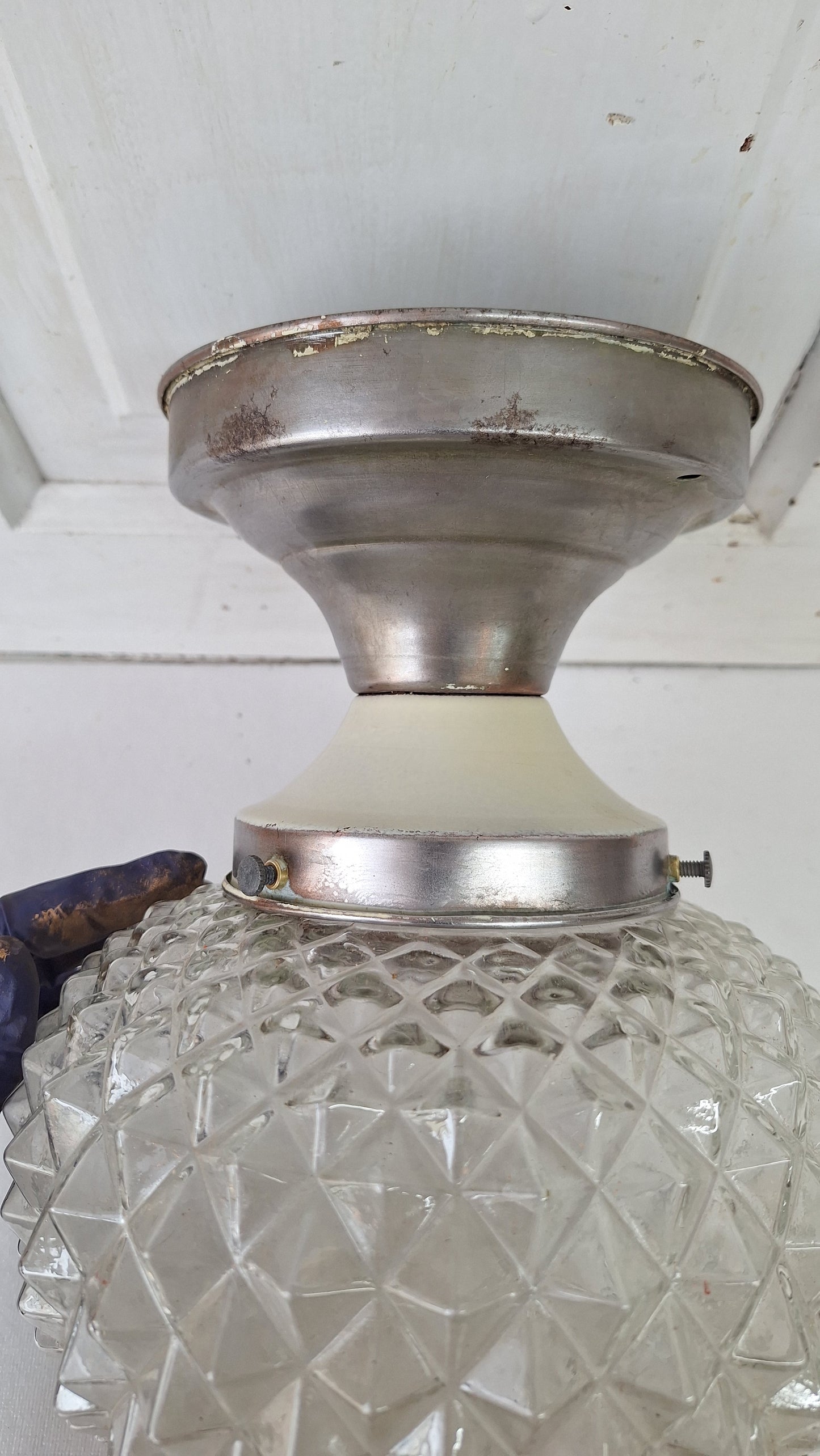 MCM Geometric Molded Glass Light, Faceted Mid Century Flush Mount