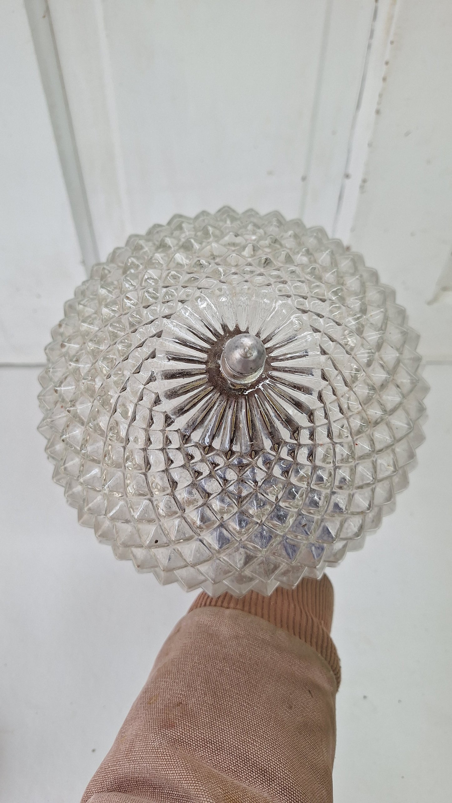 MCM Geometric Molded Glass Light, Faceted Mid Century Flush Mount
