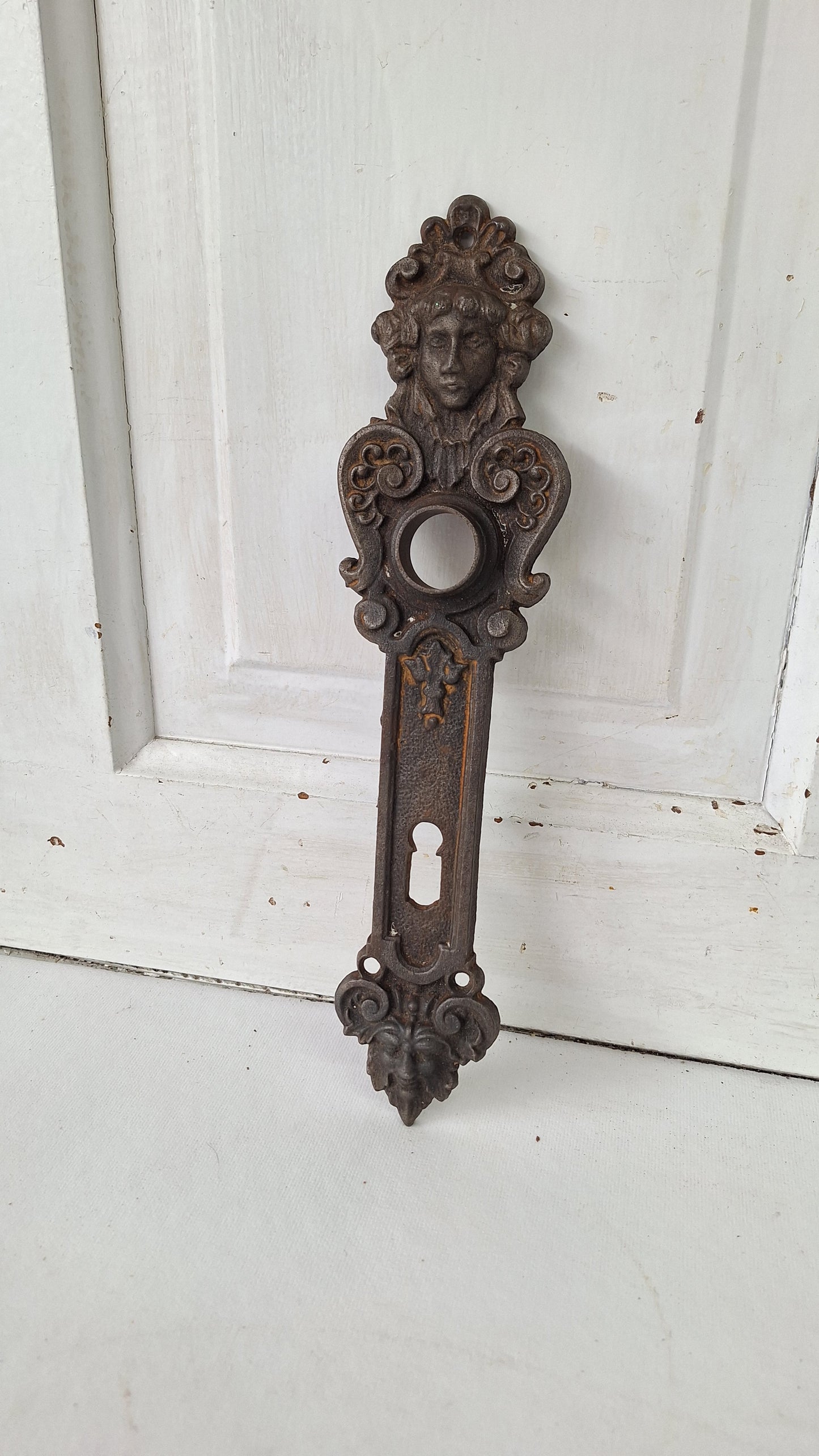 Cast Iron Woman's Face Doorknob Backplate, Greenman Face Doorknob Plate