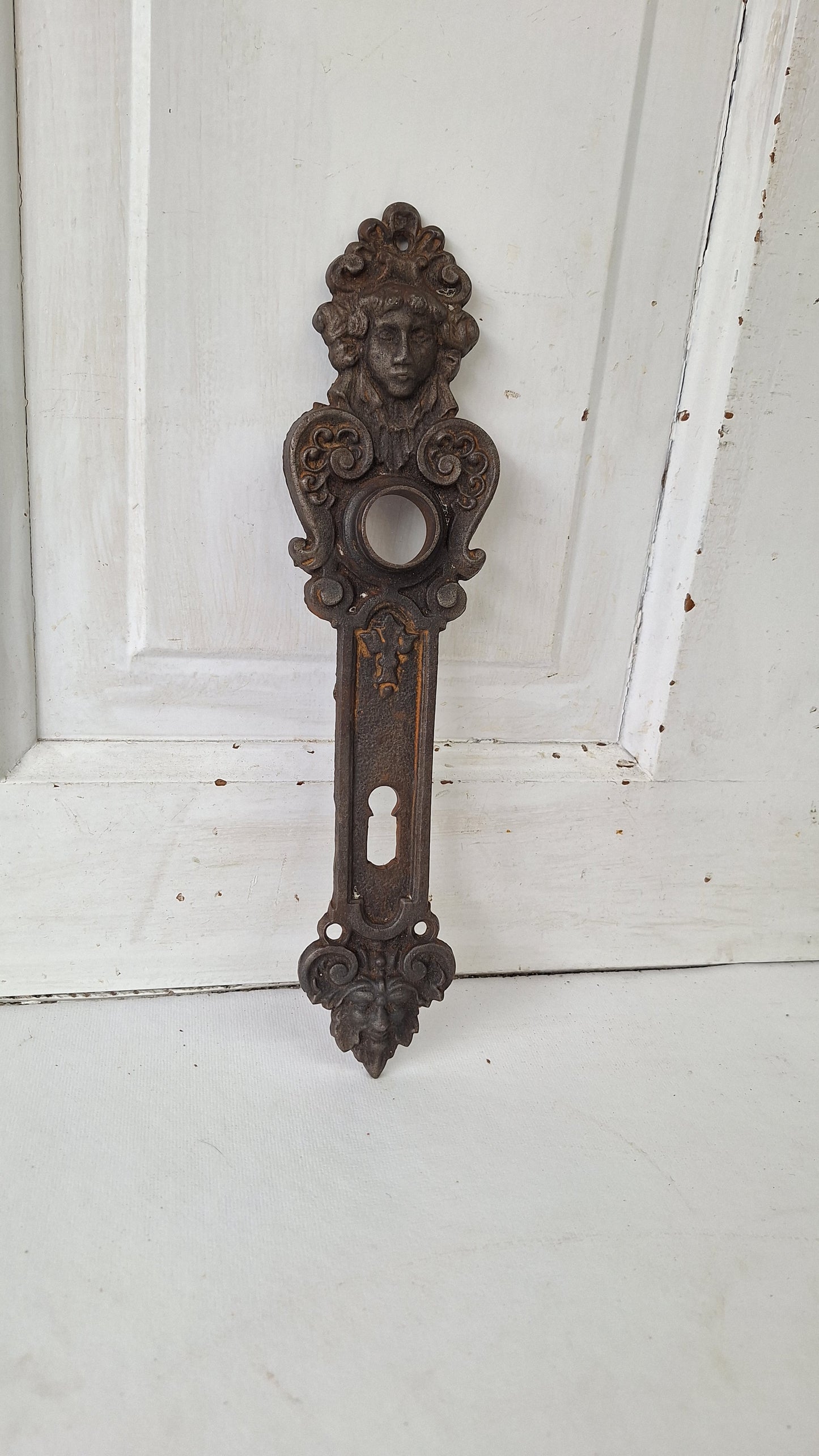 Cast Iron Woman's Face Doorknob Backplate, Greenman Face Doorknob Plate