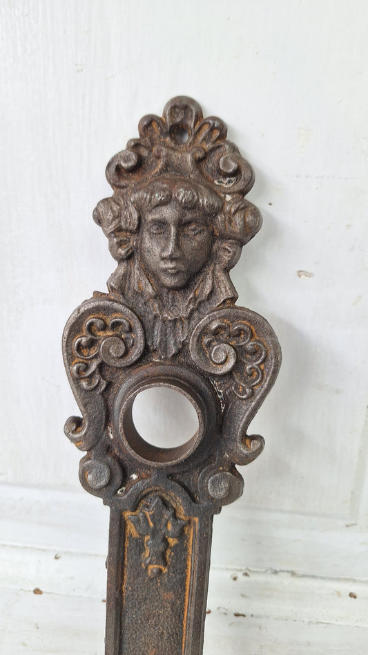 Cast Iron Woman's Face Doorknob Backplate, Greenman Face Doorknob Plate