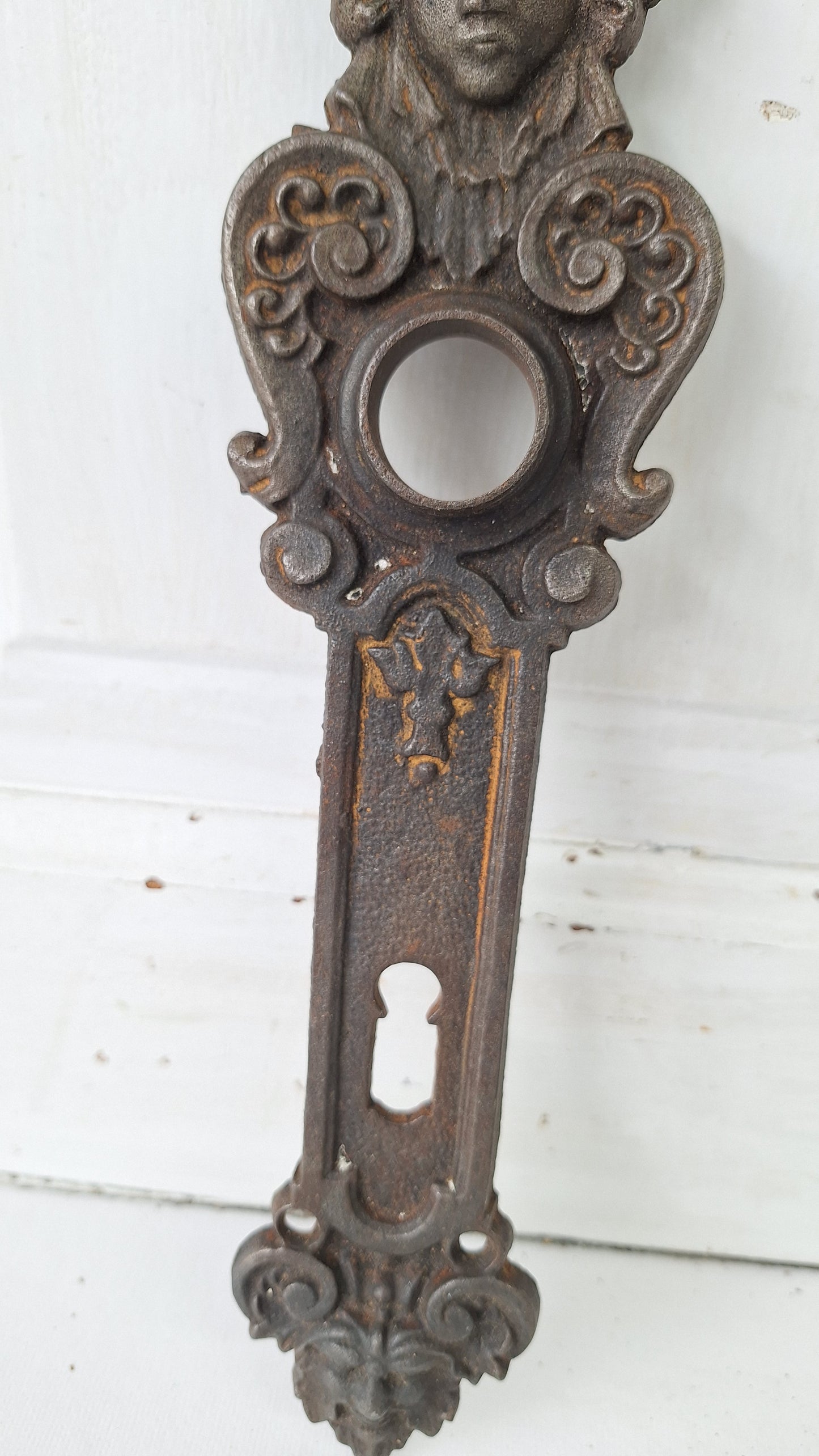 Cast Iron Woman's Face Doorknob Backplate, Greenman Face Doorknob Plate