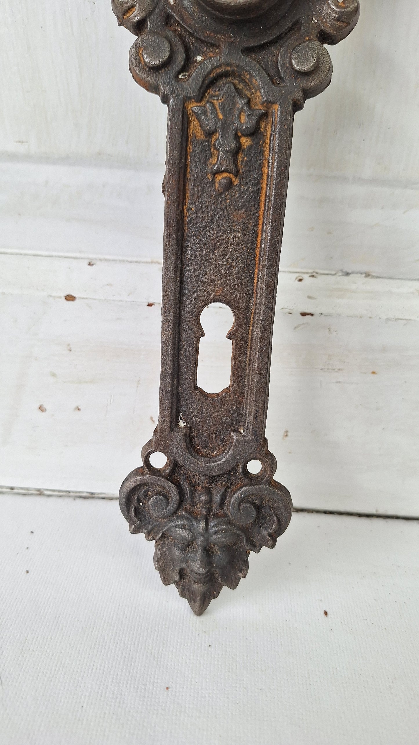 Cast Iron Woman's Face Doorknob Backplate, Greenman Face Doorknob Plate