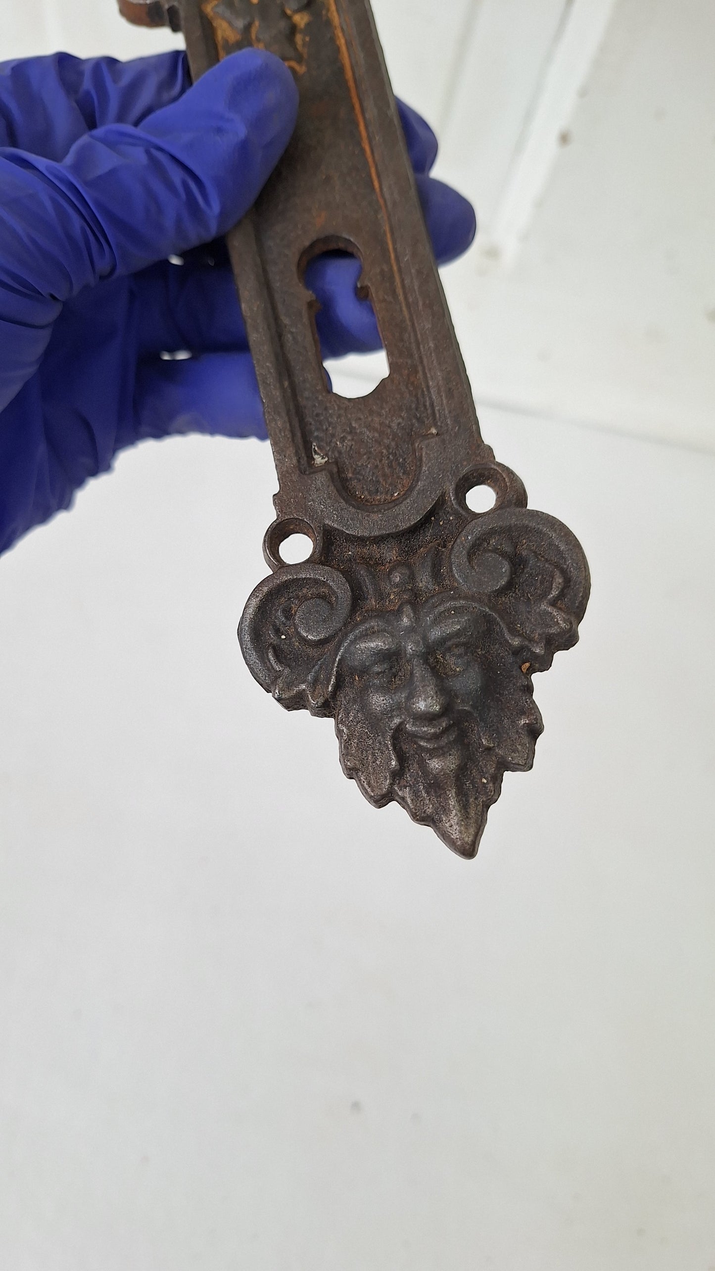 Cast Iron Woman's Face Doorknob Backplate, Greenman Face Doorknob Plate