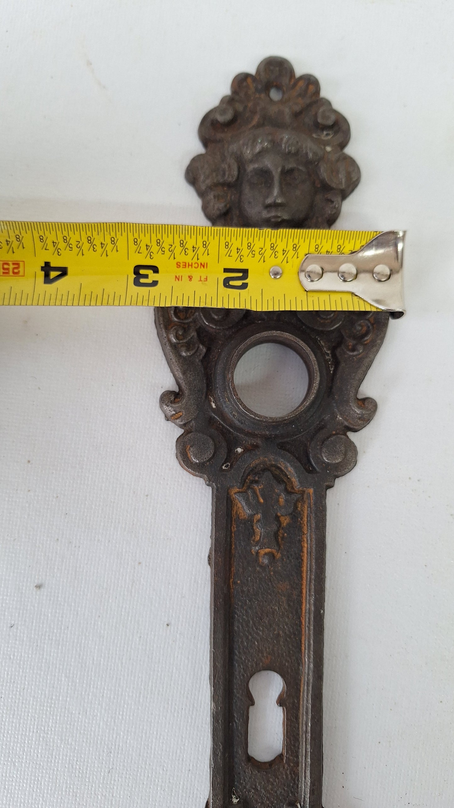 Cast Iron Woman's Face Doorknob Backplate, Greenman Face Doorknob Plate