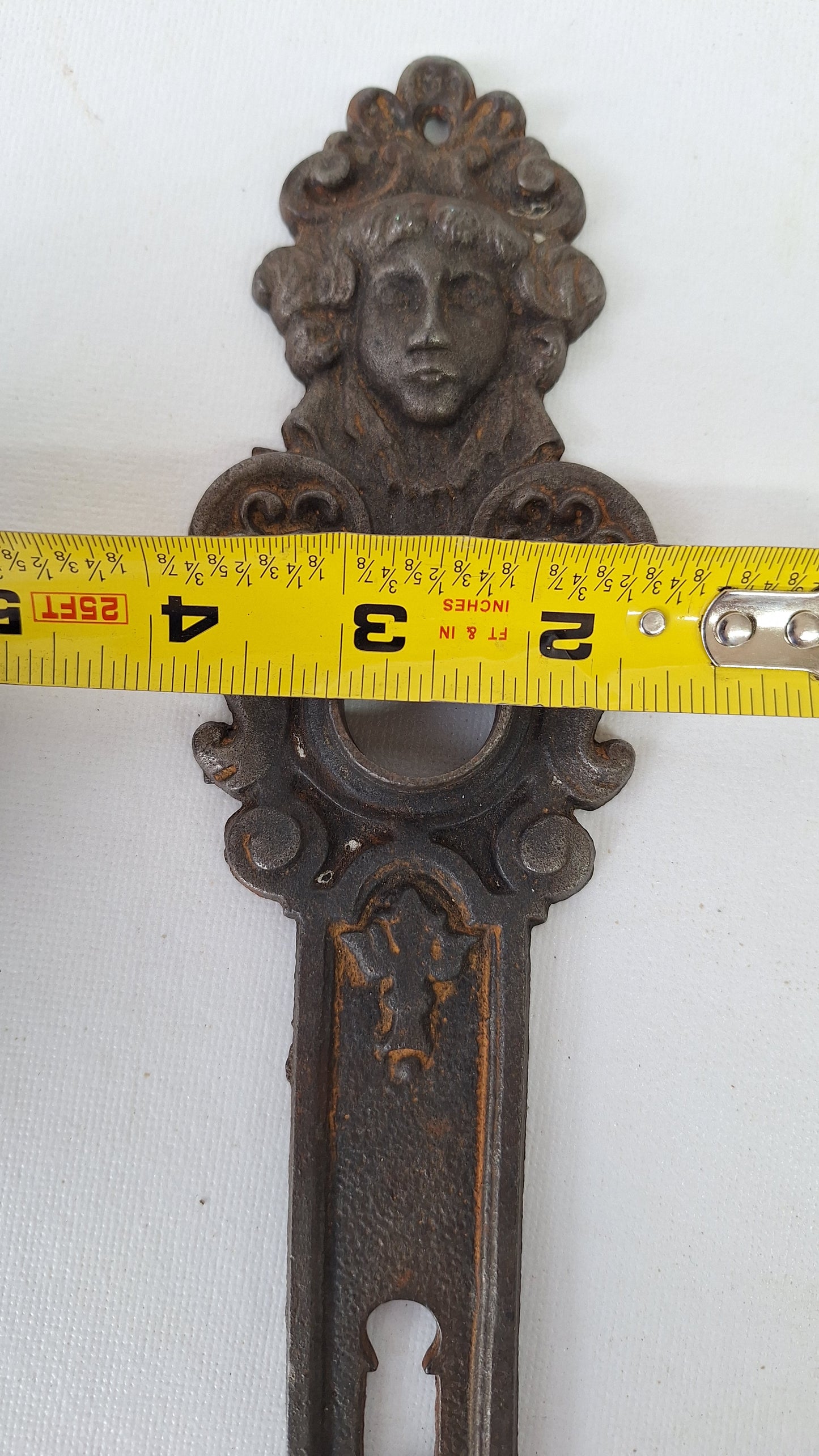 Cast Iron Woman's Face Doorknob Backplate, Greenman Face Doorknob Plate
