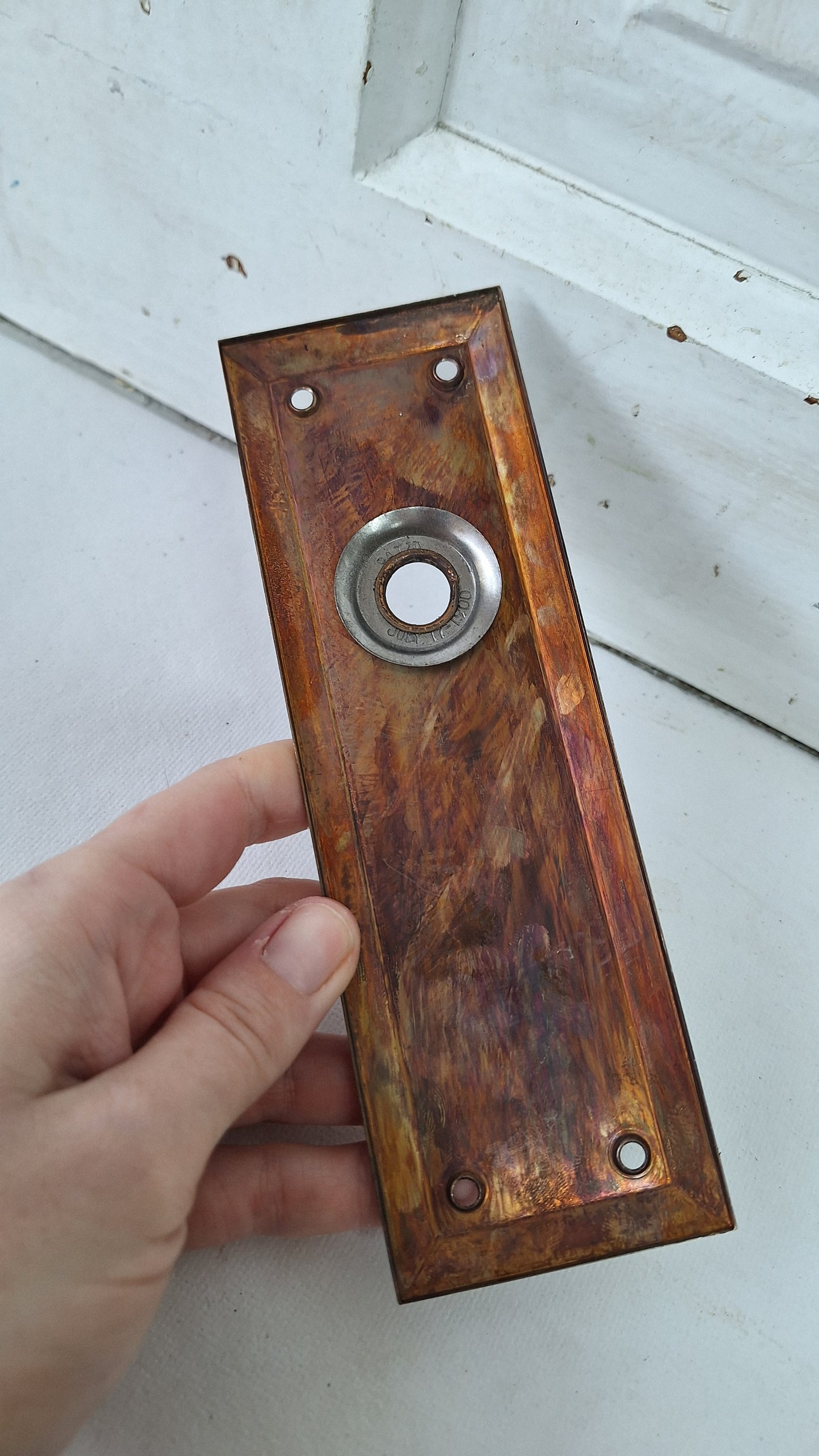 Vintage Stamped Brass Doorknob Backplate with No Keyhole