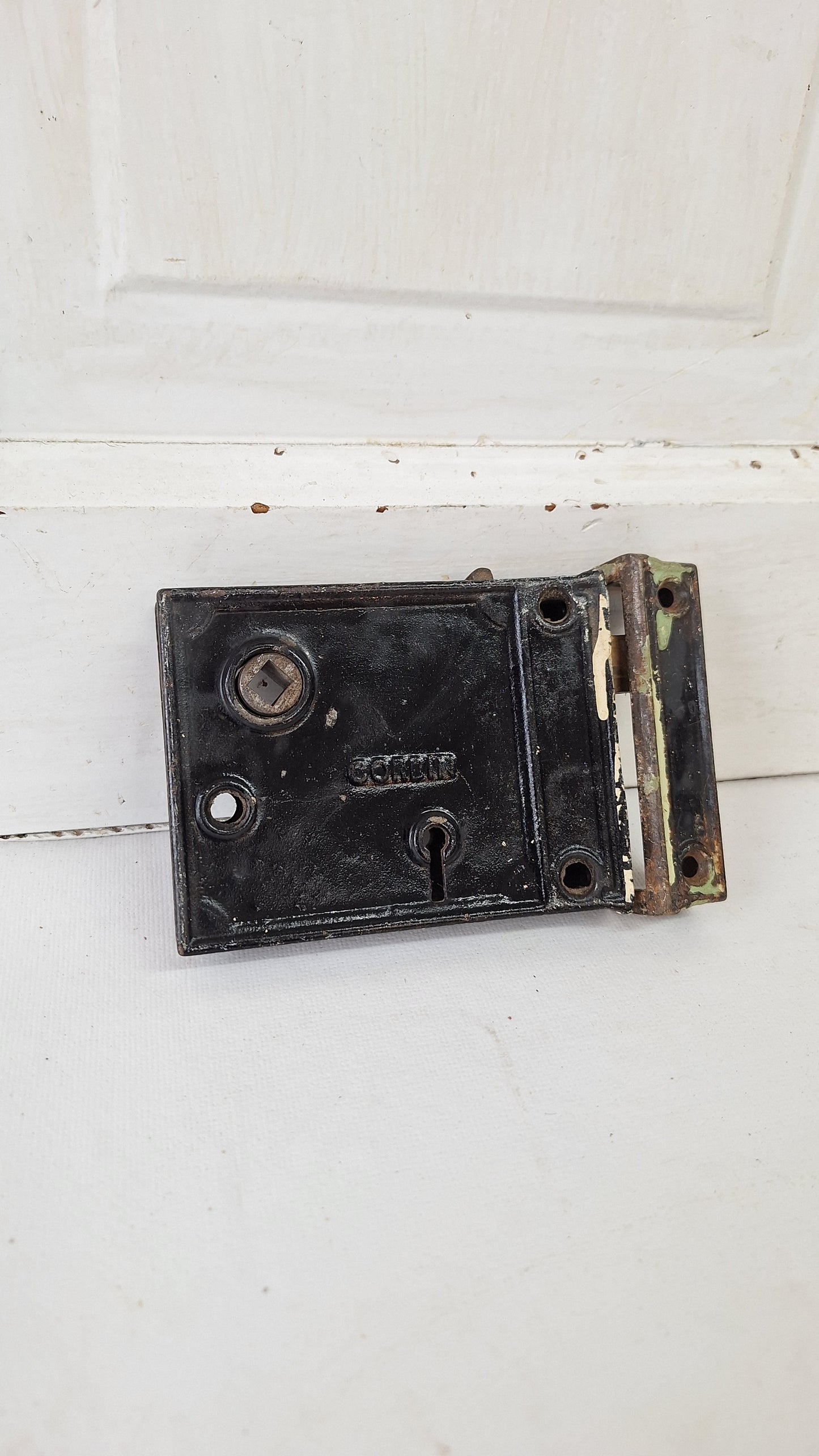 Antique Cast Iron Rim Lock with Keeper,  Door Privacy Latch