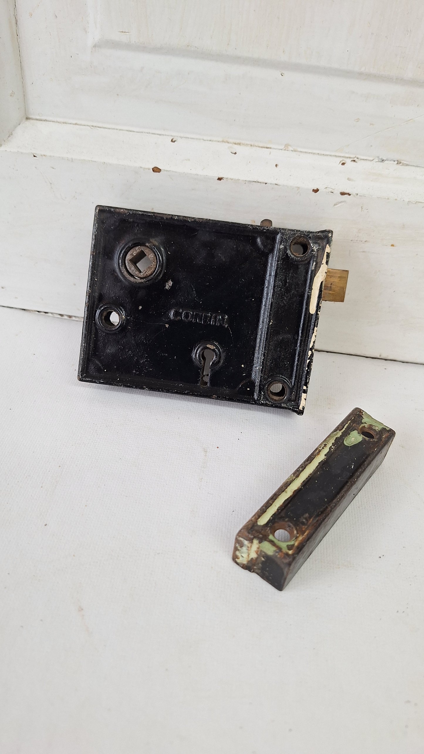 Antique Cast Iron Rim Lock with Keeper,  Door Privacy Latch