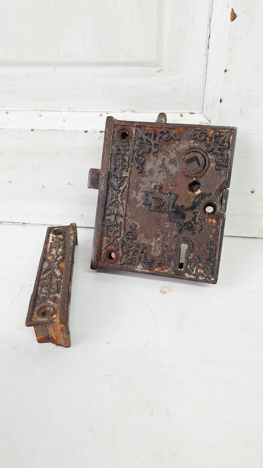 Antique Ornate Cast Iron Rim Lock with Keeper, Privacy Latch