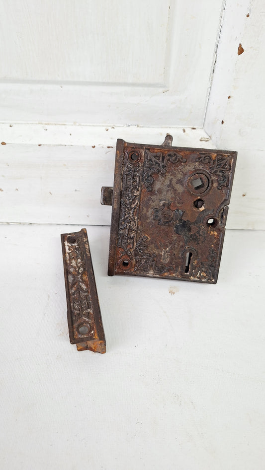Antique Ornate Cast Iron Rim Lock with Keeper, Privacy Latch
