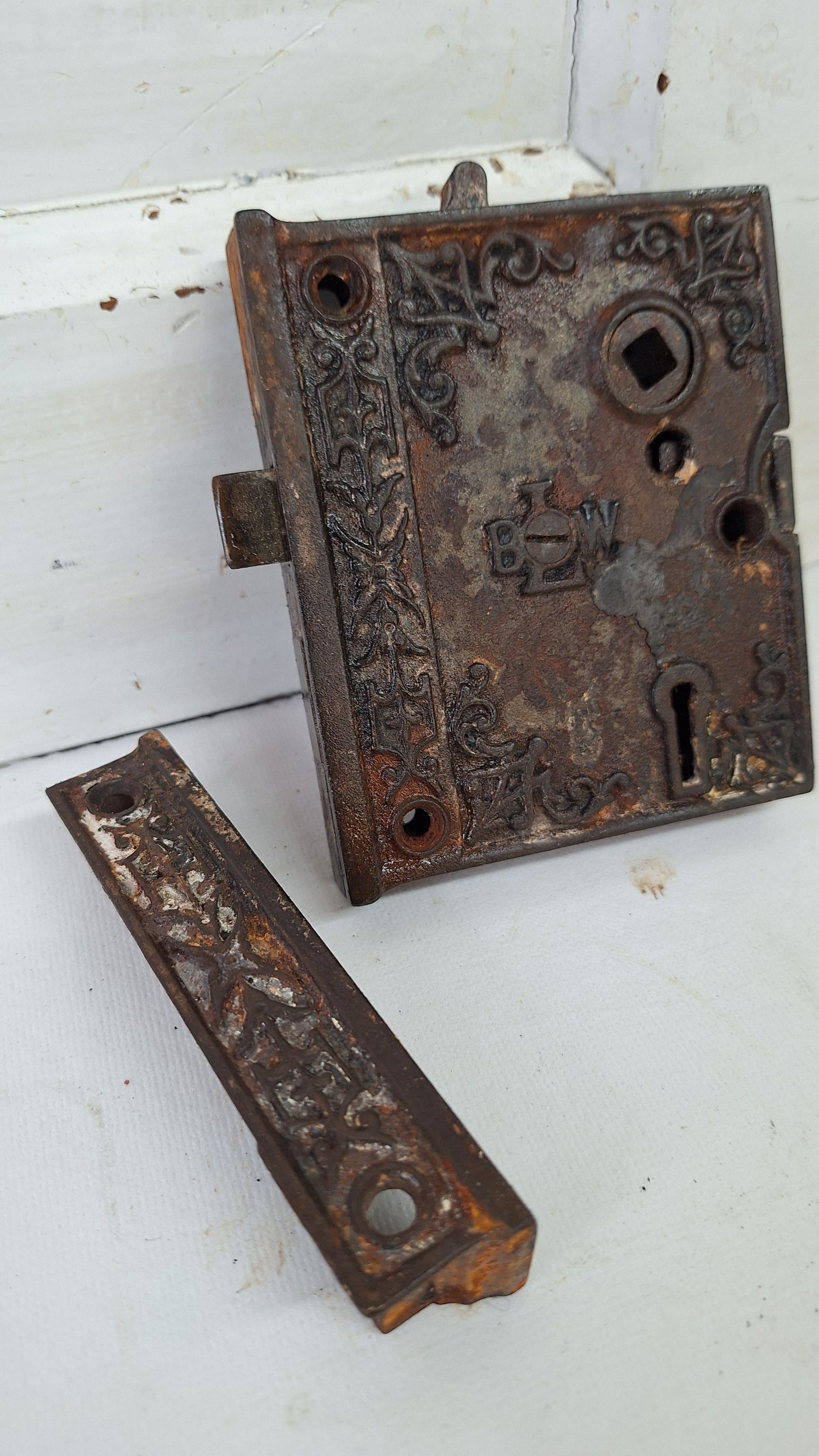 Antique Ornate Cast Iron Rim Lock with Keeper, Privacy Latch