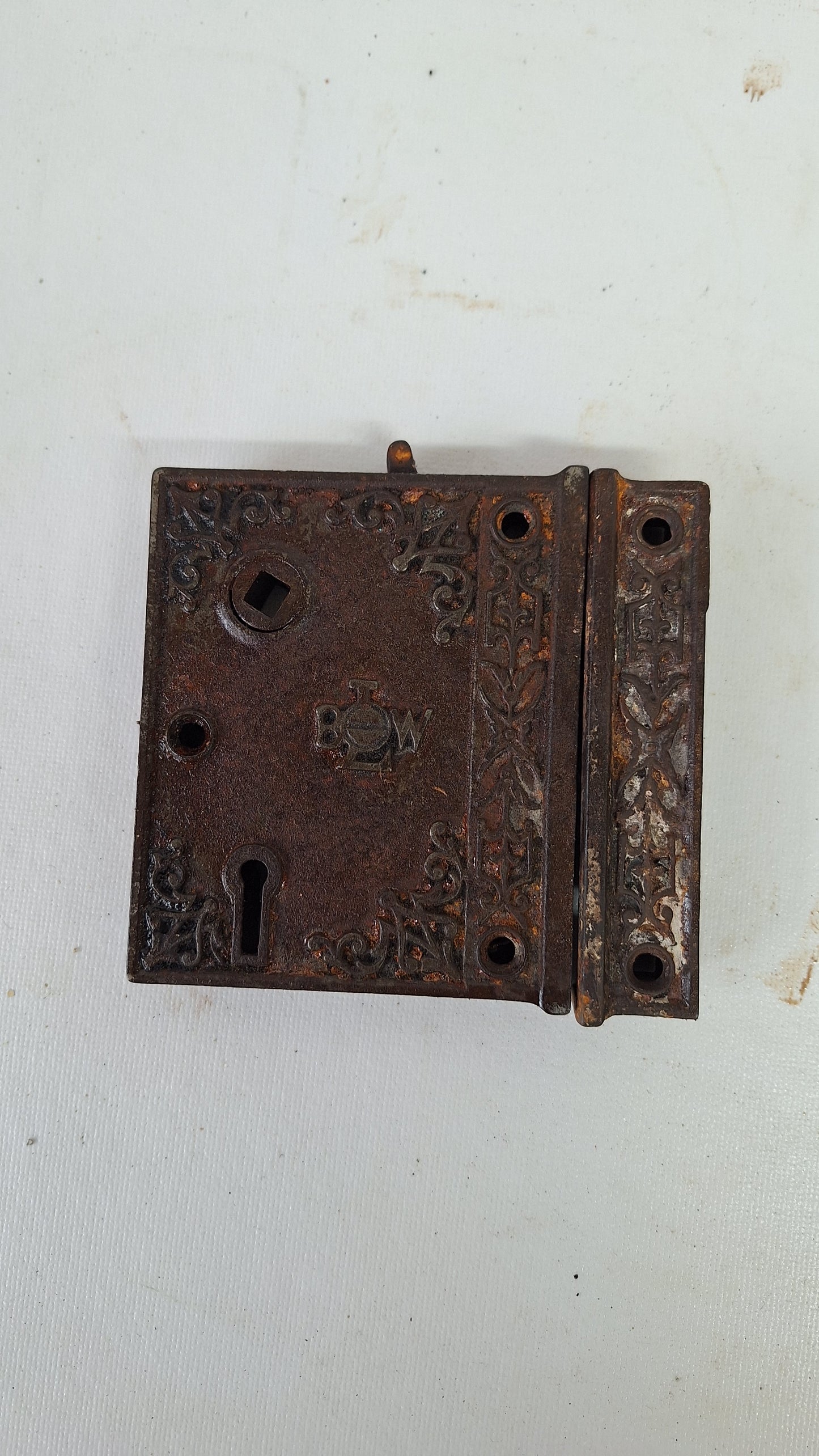 Antique Ornate Cast Iron Rim Lock with Keeper, Privacy Latch