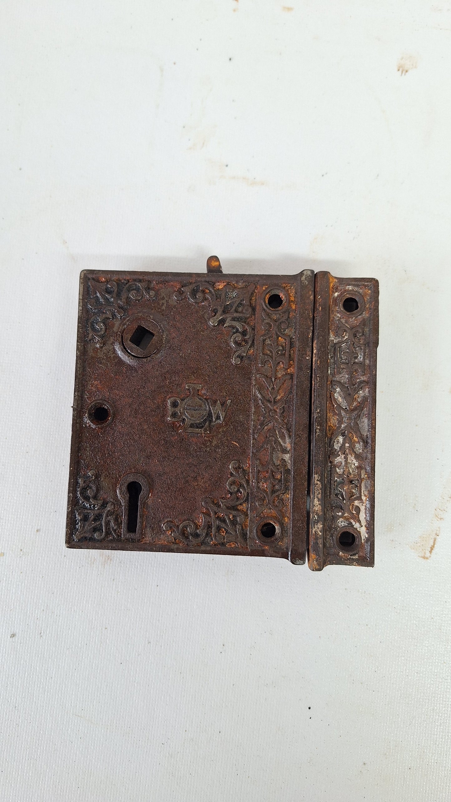 Antique Ornate Cast Iron Rim Lock with Keeper, Privacy Latch