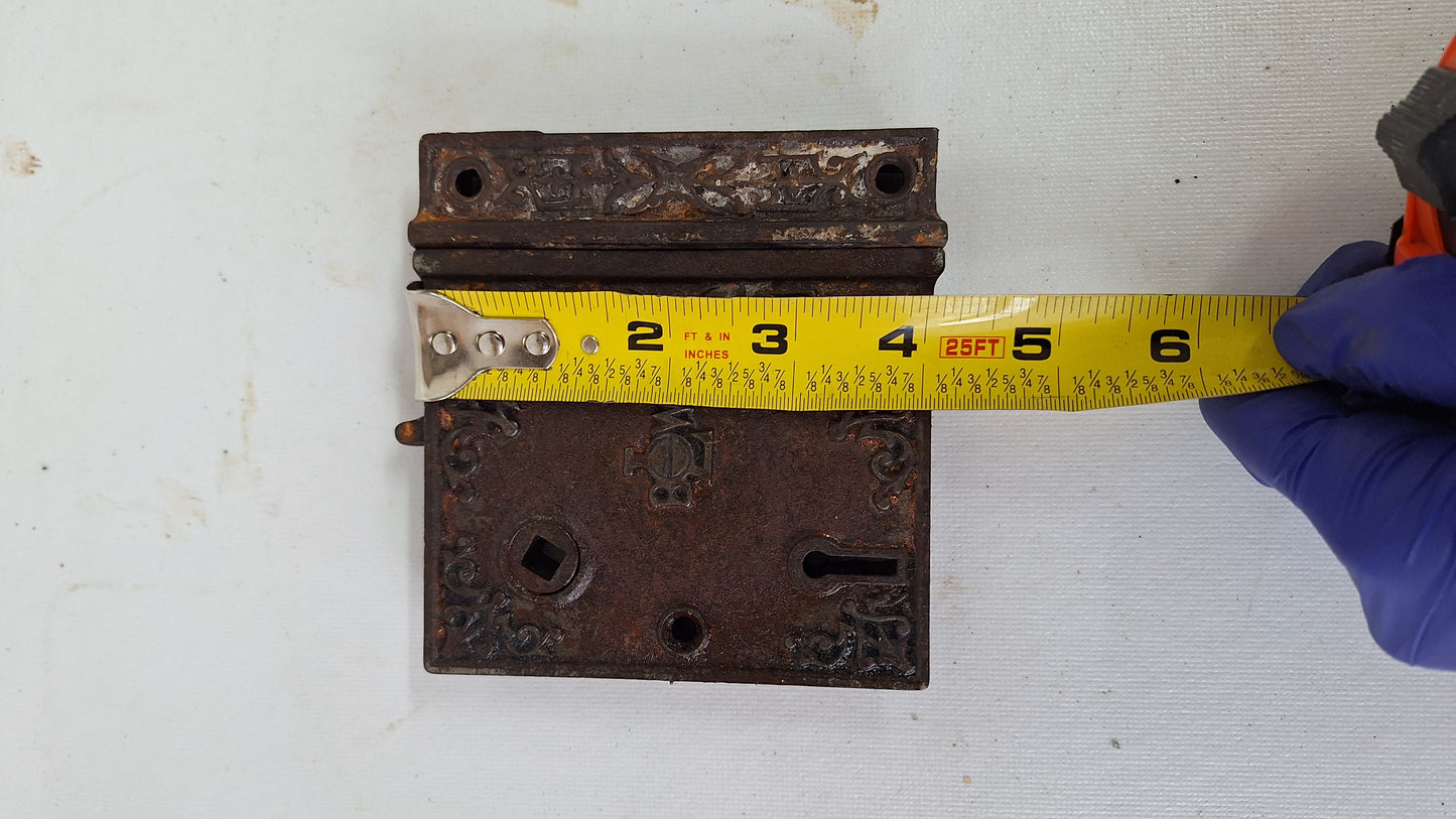 Antique Ornate Cast Iron Rim Lock with Keeper, Privacy Latch