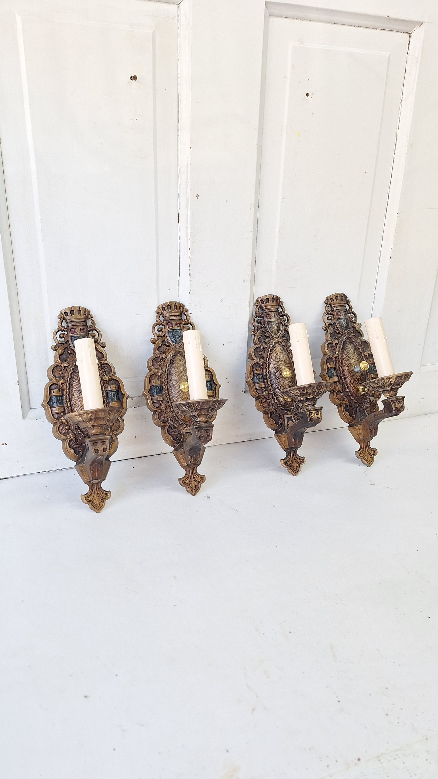 Four Vintage Polychrome Sconces, Art Deco Painted Wall Lights