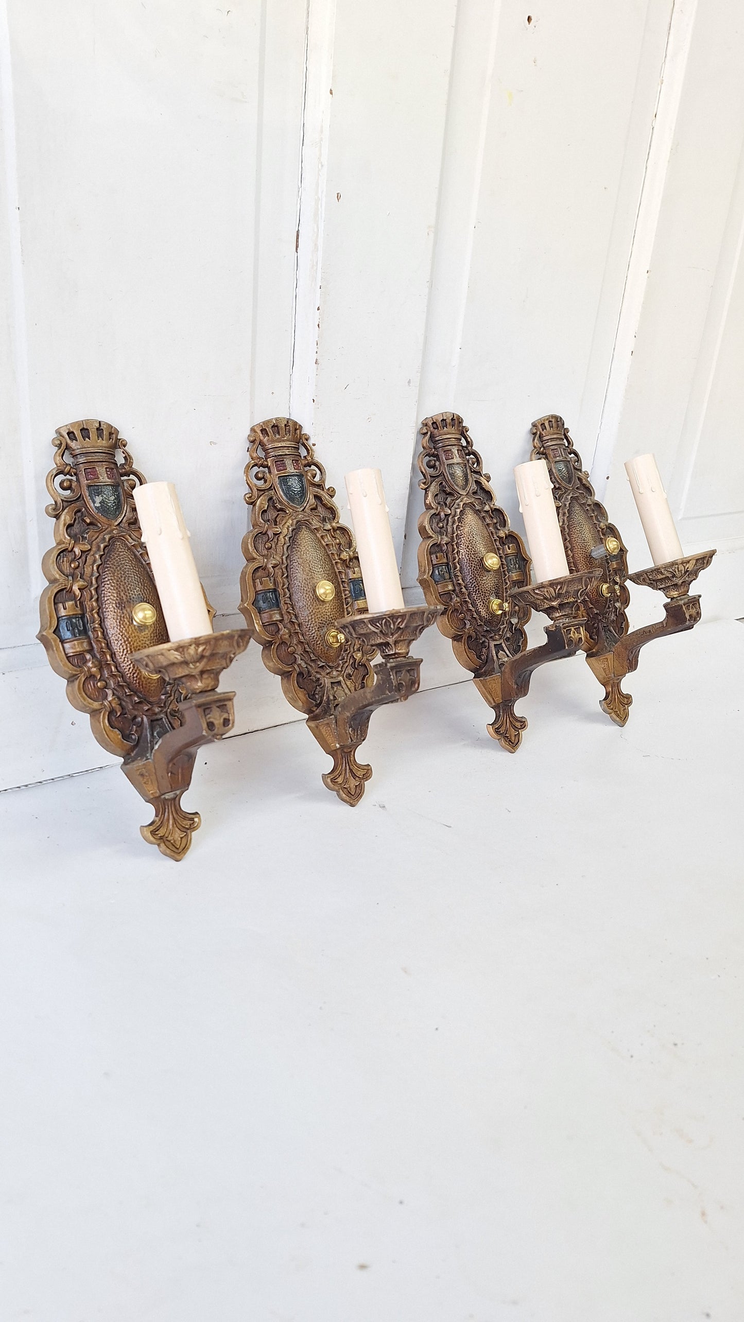 Four Vintage Polychrome Sconces, Art Deco Painted Wall Lights