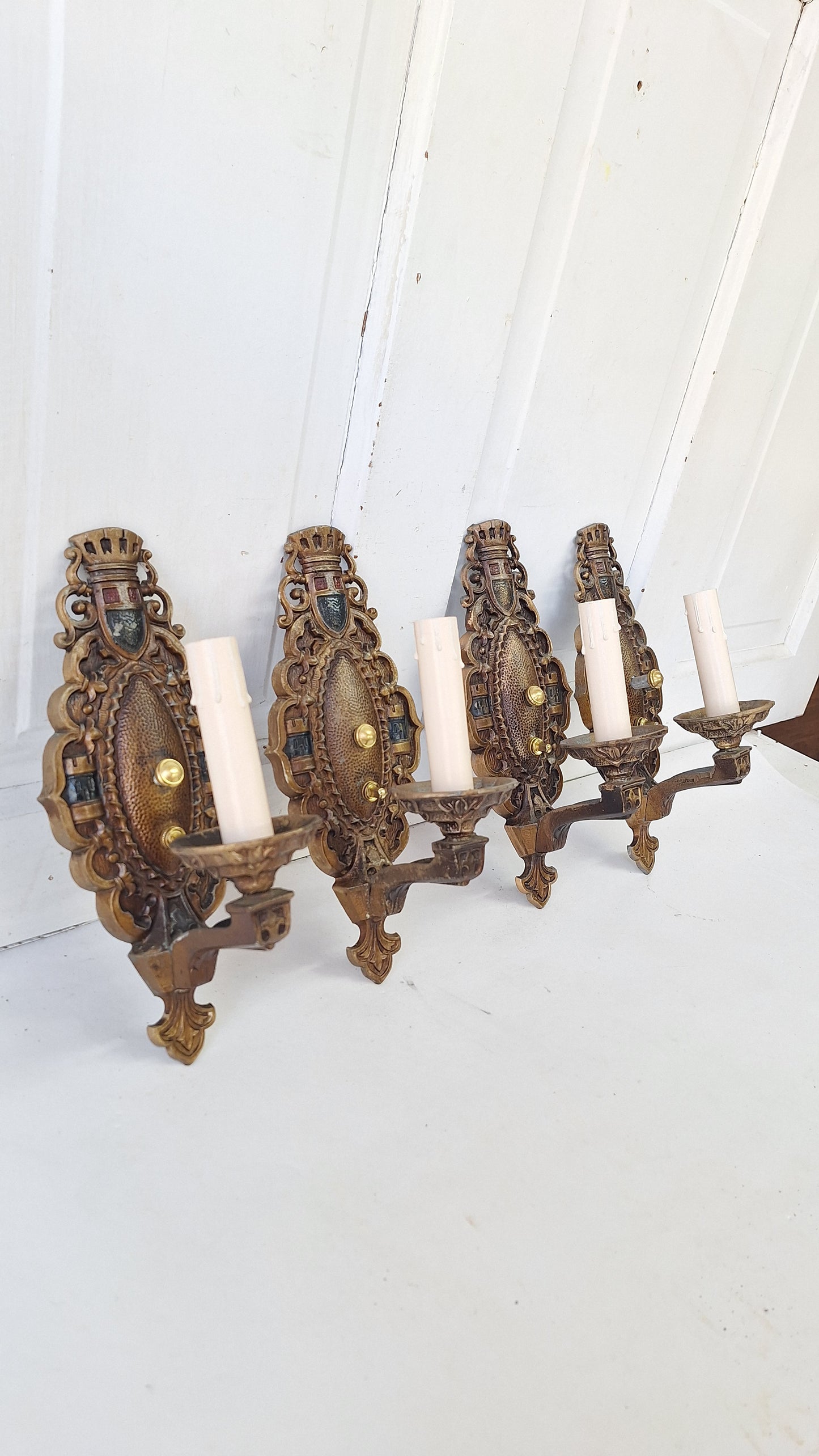 Four Vintage Polychrome Sconces, Art Deco Painted Wall Lights
