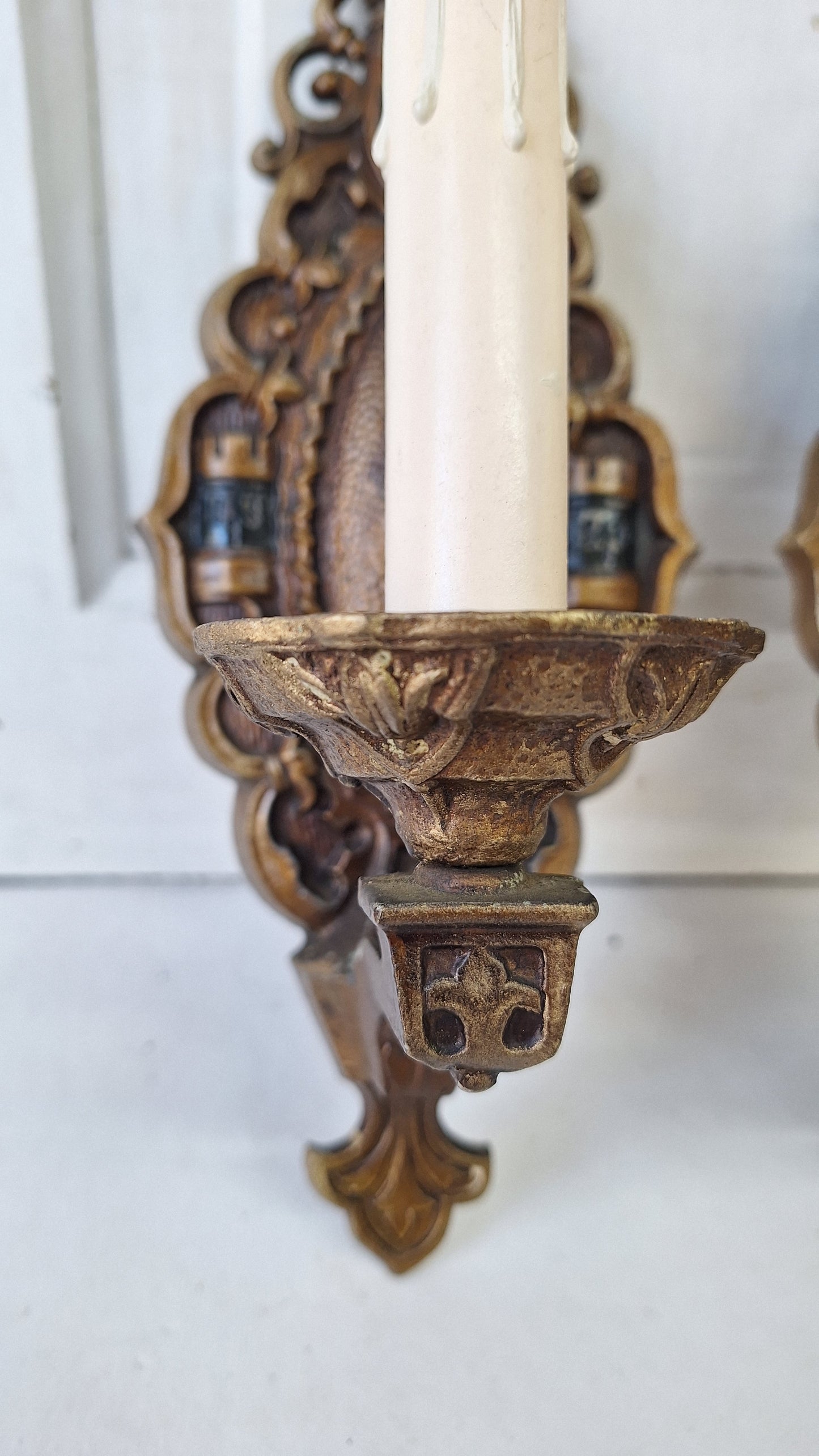 Four Vintage Polychrome Sconces, Art Deco Painted Wall Lights